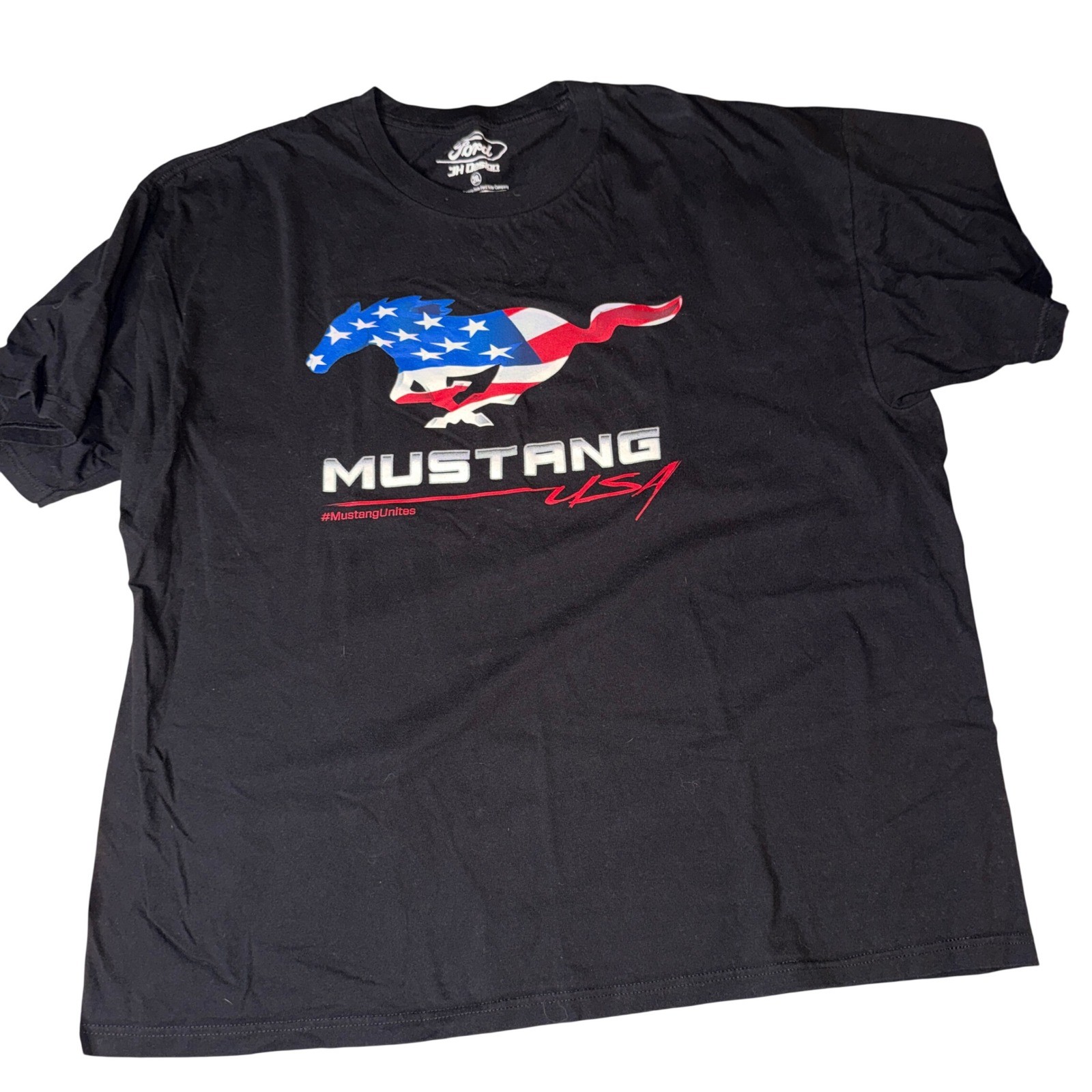 Mens 2XL Black Ford Mustang USA American Flag Graphic Tee JH Design
