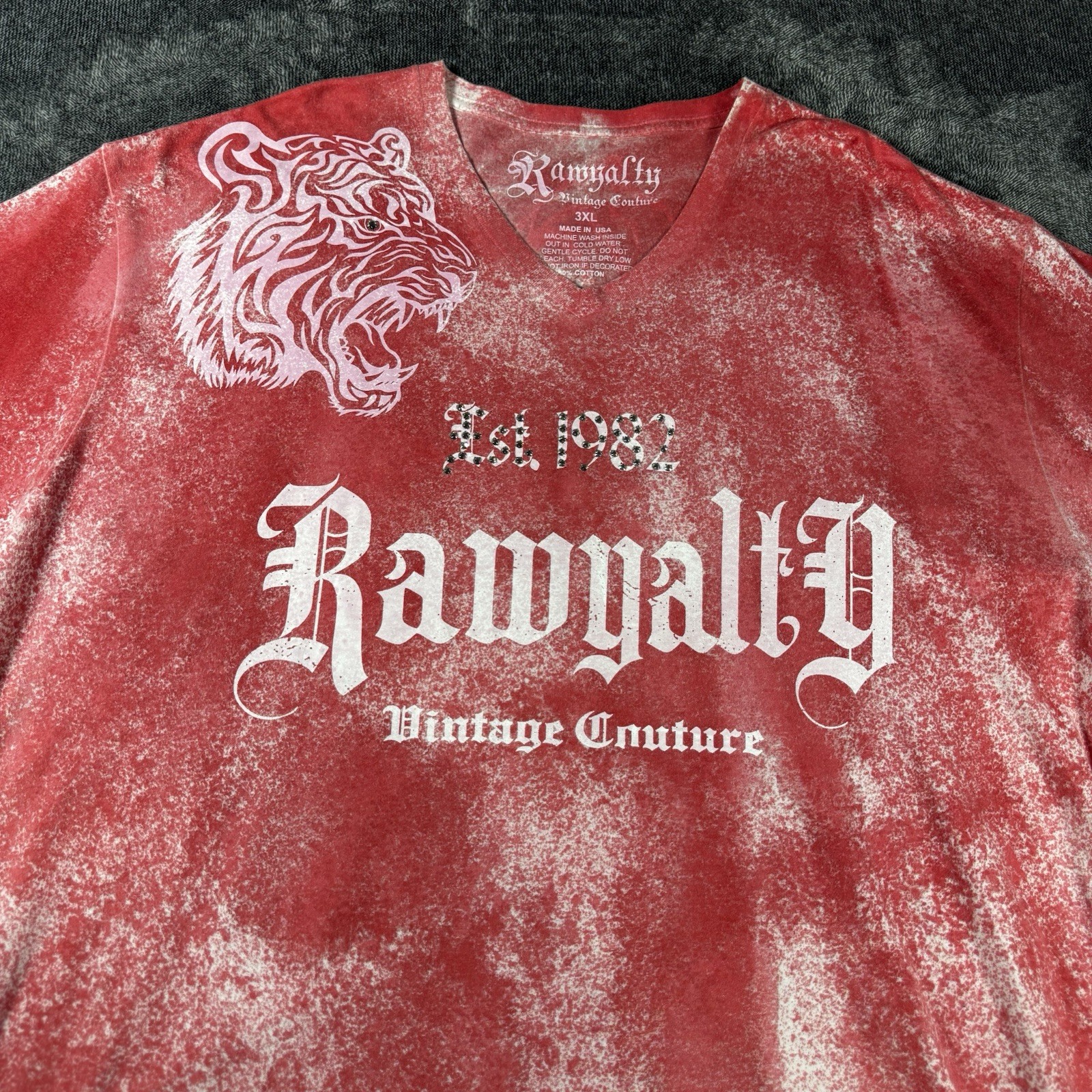 Rawyalty Couture T-Shirt Mens 3XL Red Silver Foil Rhinestone V-Neck Streetwear
