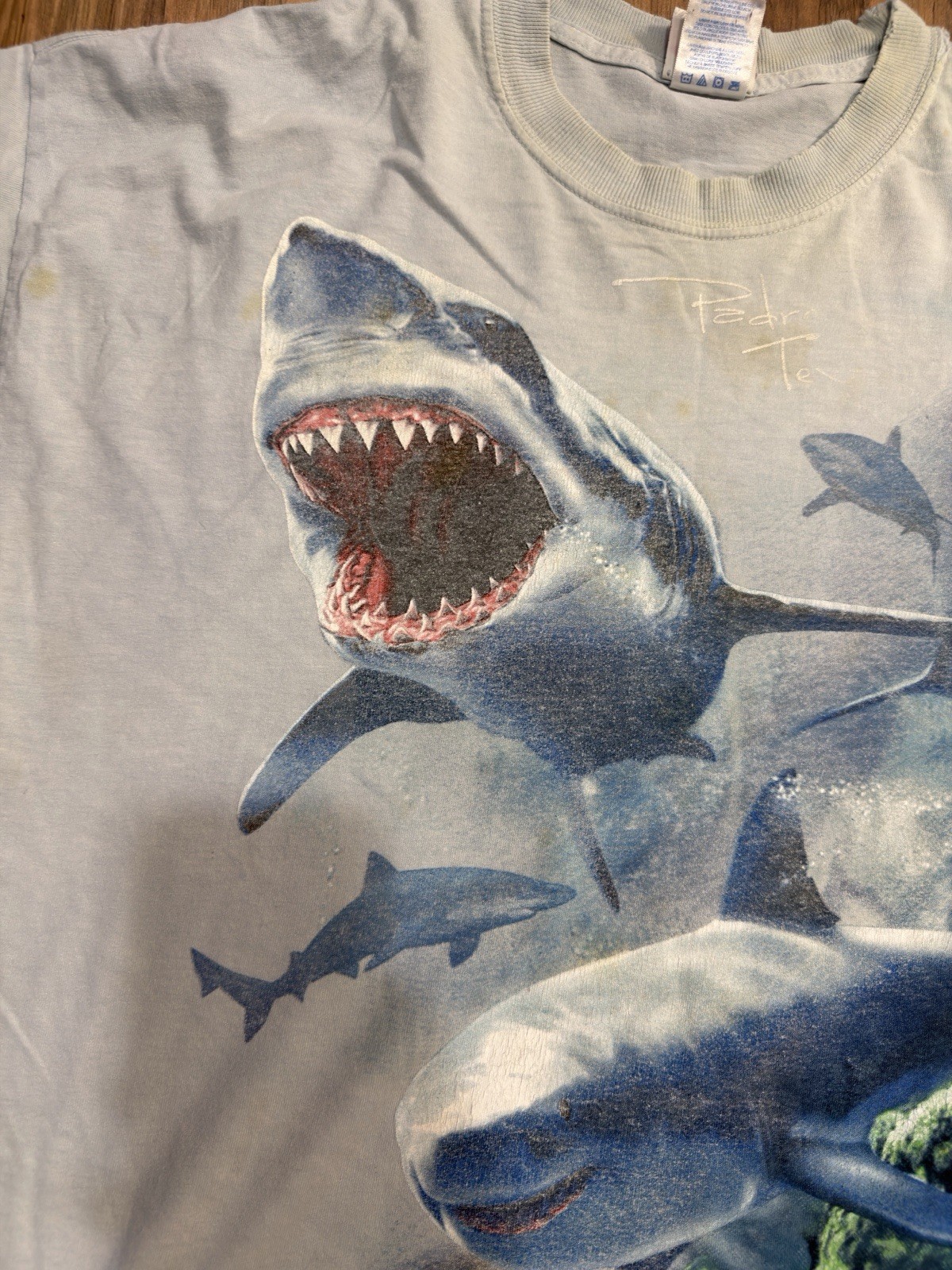 Vintage Y2K 2000 Padre Texas Sharks Aquatic Sea Turtle Blue Tie Dye Shirt XL AOP