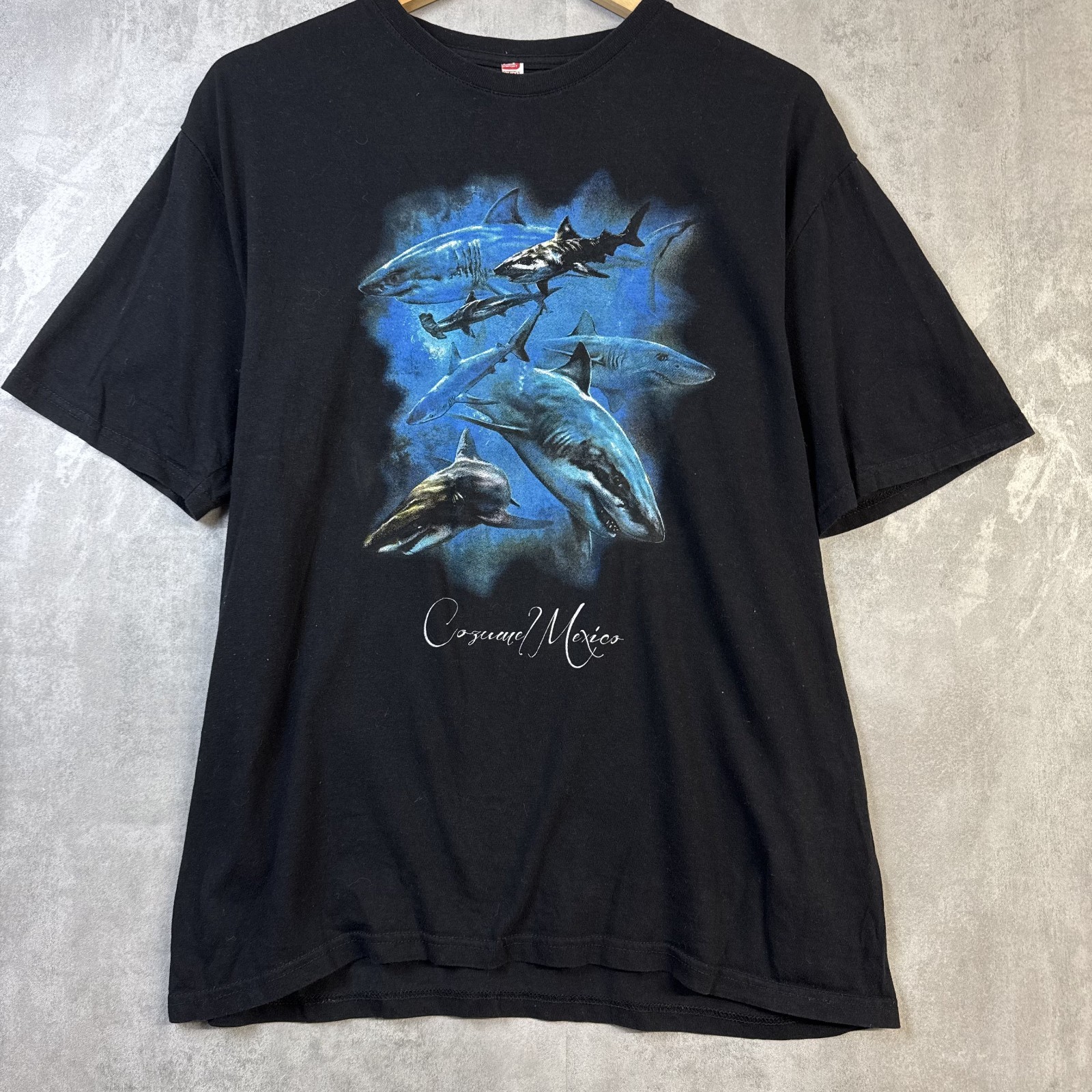 XEuro T Shirt Mens L Black Graphic Print Sharks Mexico Reef Short Sleeve Top