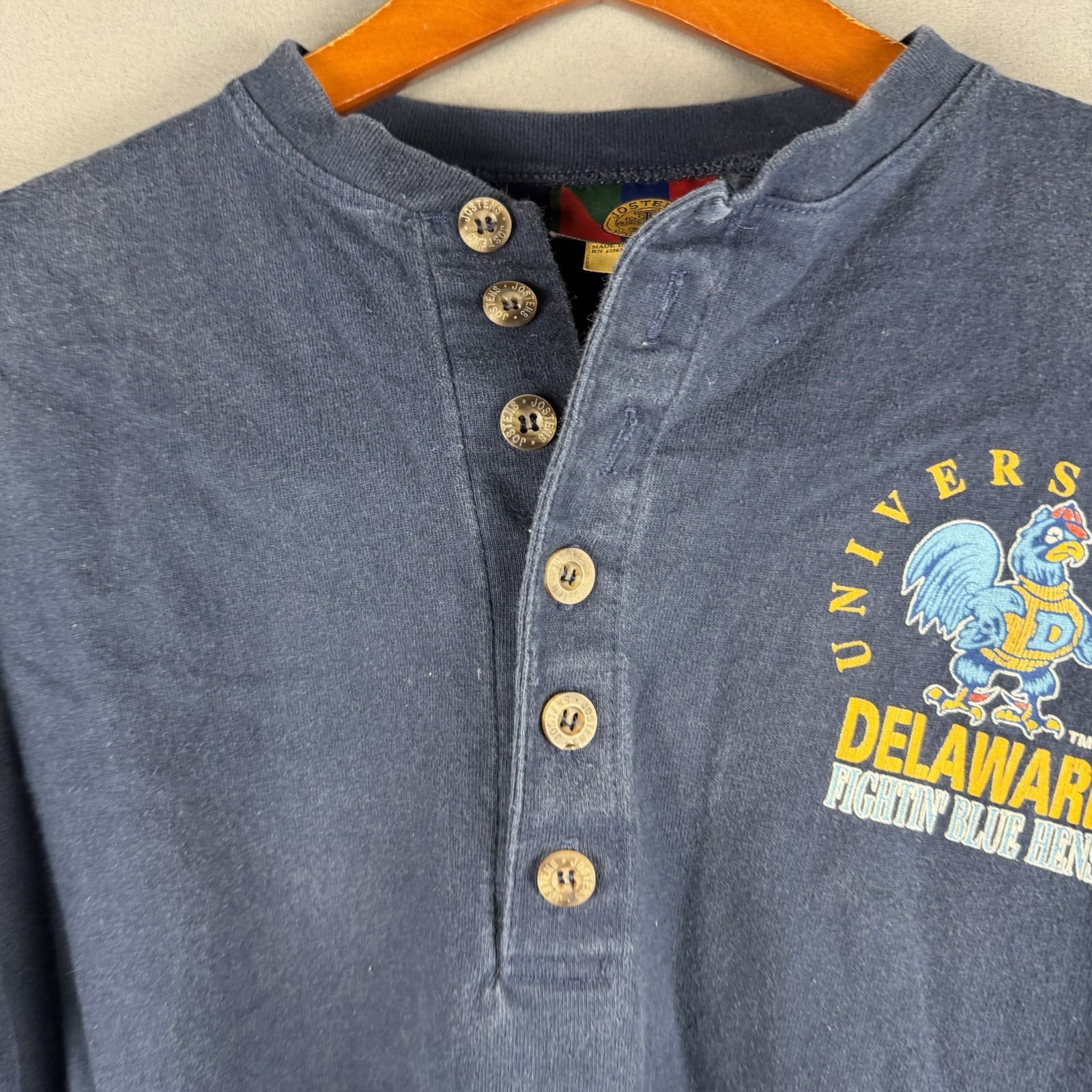 Vintage Jostens Sportswear Delaware Blue Hens Henley T Shirt Small Blue Rare