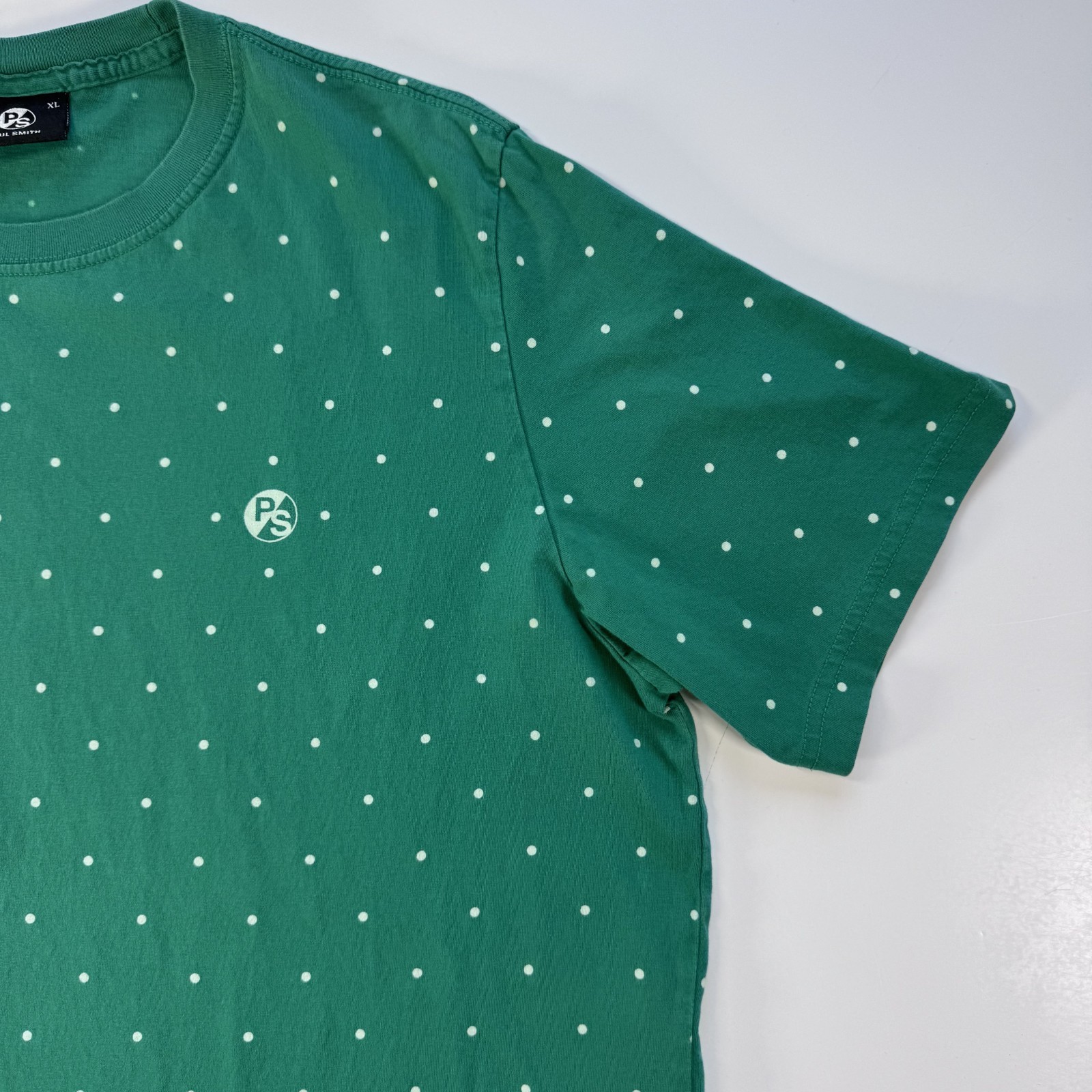 PAUL SMITH Cotton Short Sleeve Crewneck T Shirt Mens XL Green White Polka Dot