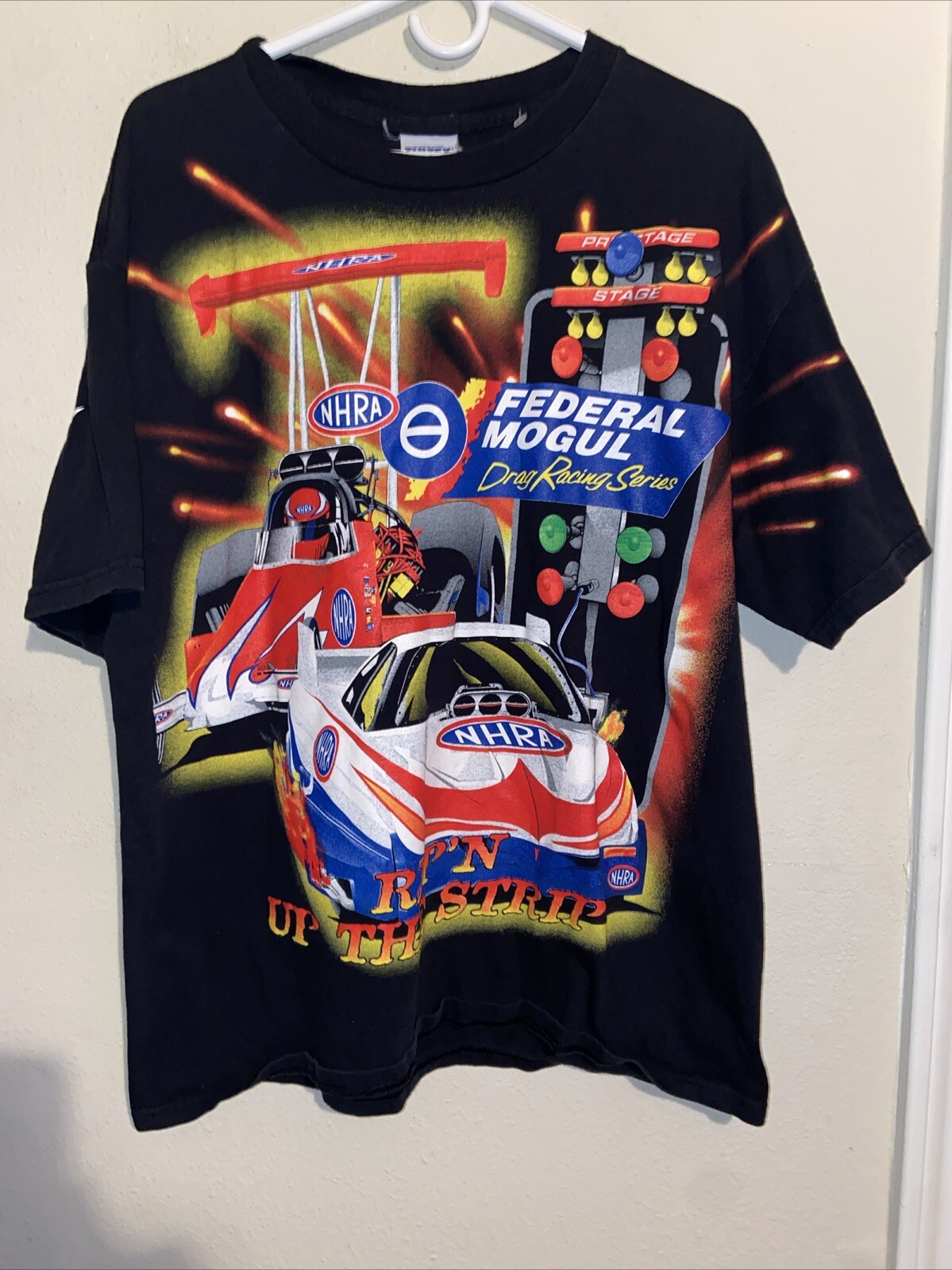 NHRA Nascar Drag Racing Hot Rods Federal Mogul Men L Black Double Sided Vintage