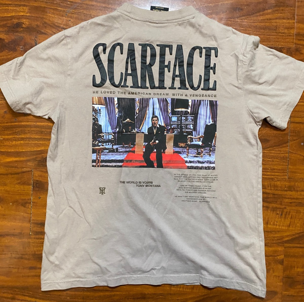 Scarface Shoe Palace X Tony Montana Embroidered Double Sided Beige T Shirt SZ M