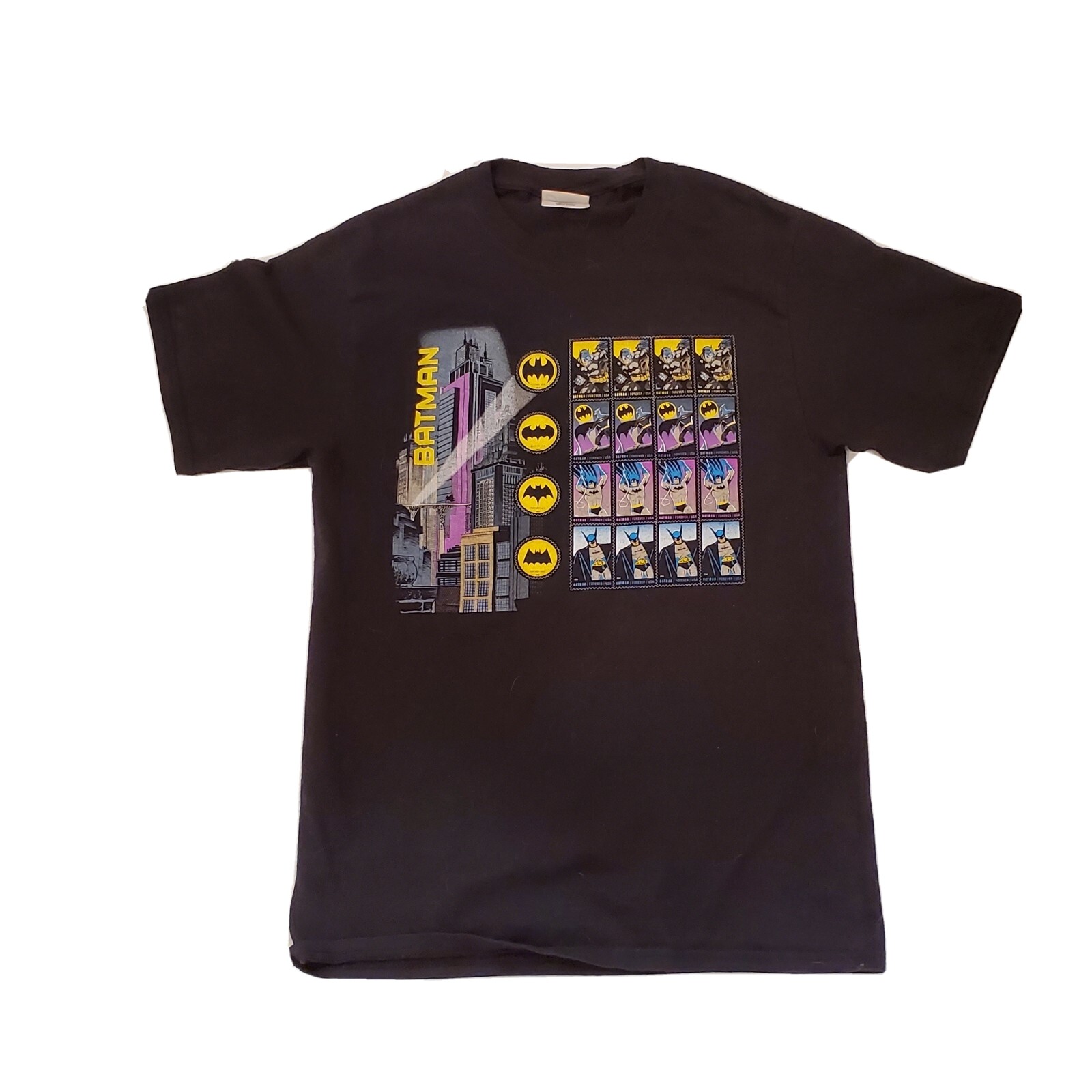 Retro Batman Forever T-Shirt Men&rsquo;s Size Small USA Stamps Black Port and Co VGUC