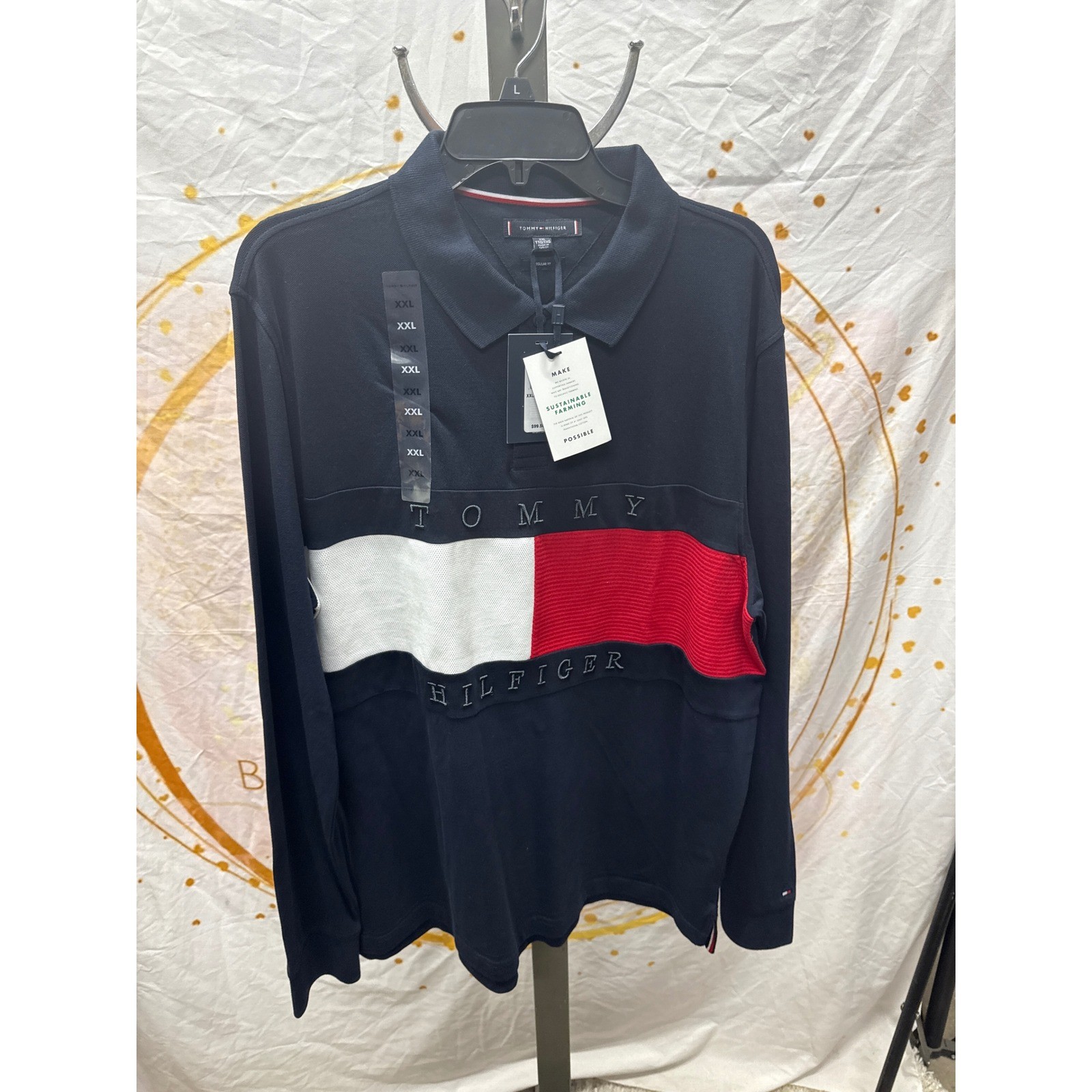 Tommy Hilfiger Men&rsquo;s Logo Graphic Long-Sleeve Polo Shirt – Desert Sky Size XXL
