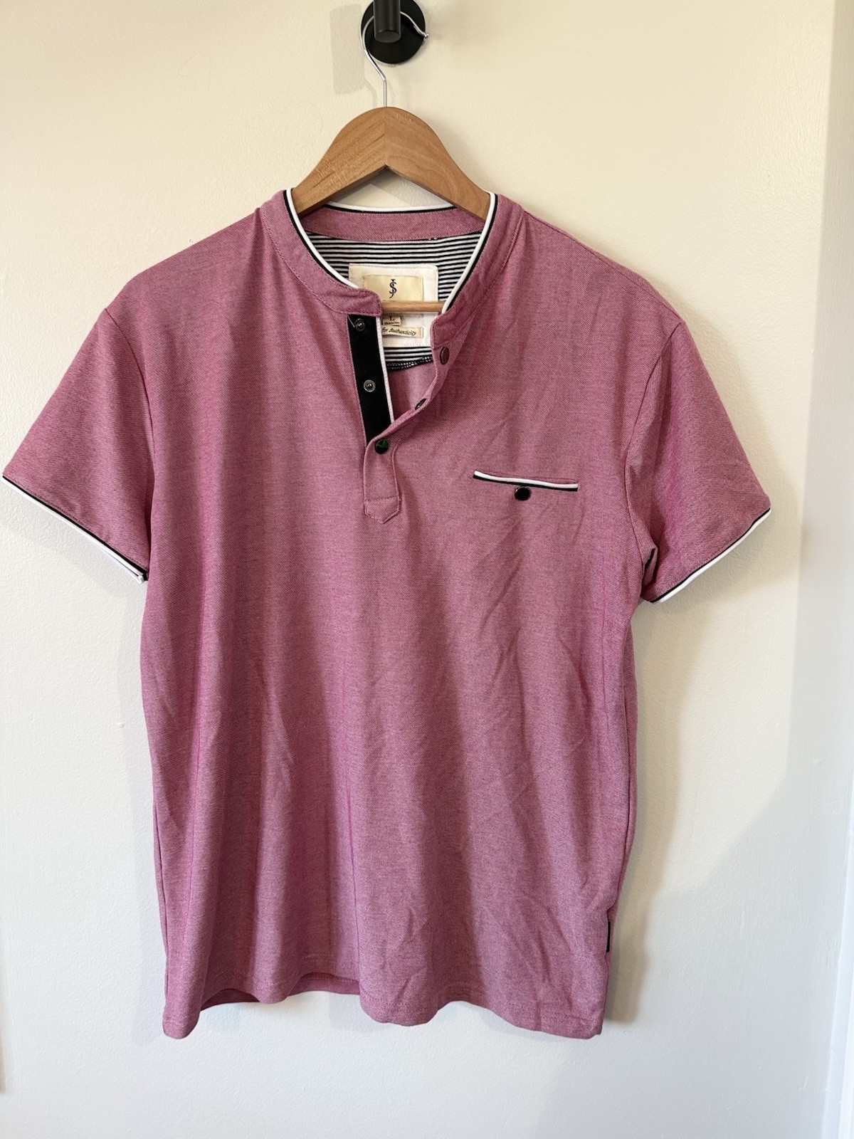 Scott James Shirt Mens Red/pink Henley Grandad Band Blade Collar Large