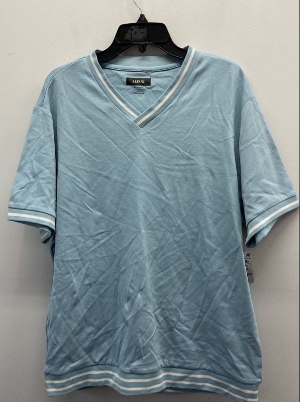 Alfani Men&rsquo;s Sparrow Blue V-Neck Stretch Short Sleeve Striped Shirt Sz L NWT