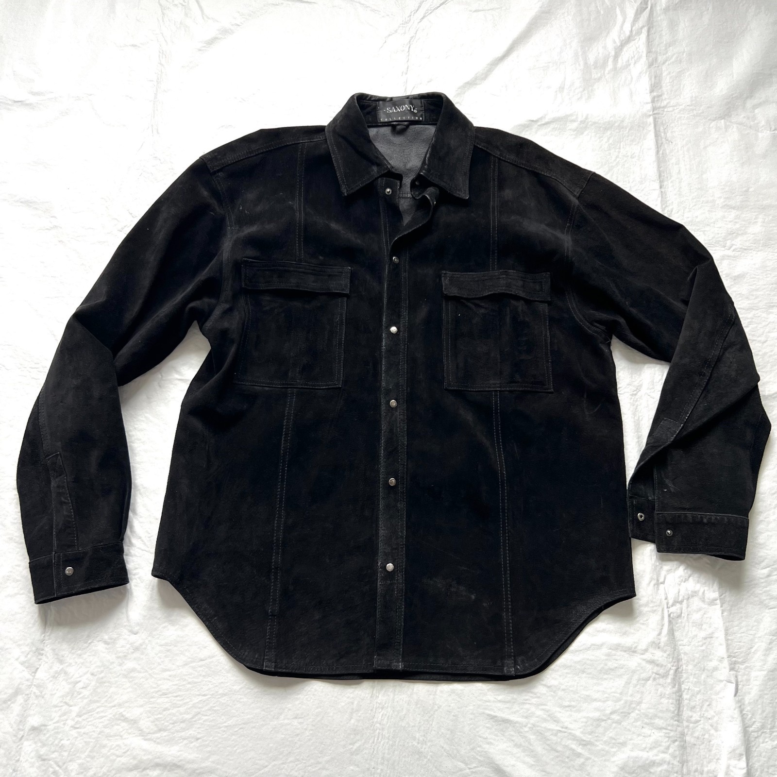 Saxony Collection leather shirt jacket mens Large black suede pocket flaps