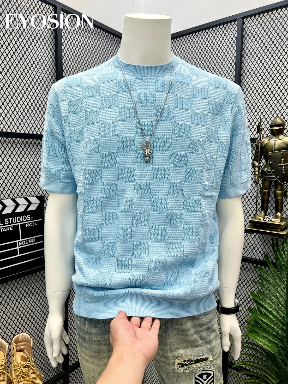 Men Knit Sweater Crewneck T-Shirt Plaid Checkered Casual Short Sleeve Tee Top