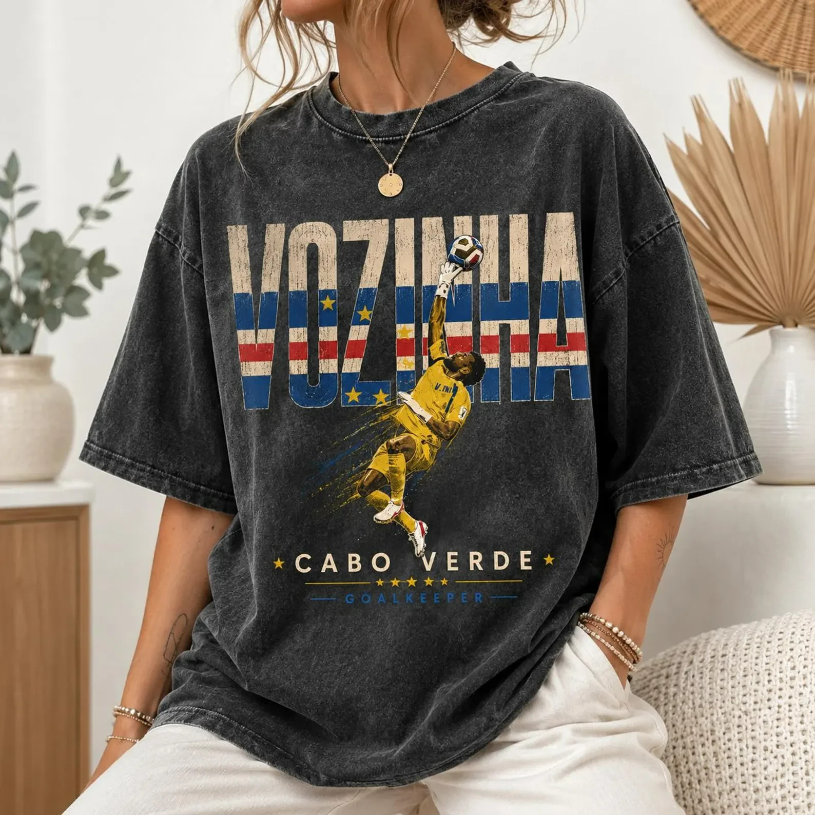 Vozinha Cabo Verde Flag Save Action Vintage Mineral Wash Black Cotton T-Shirt, C