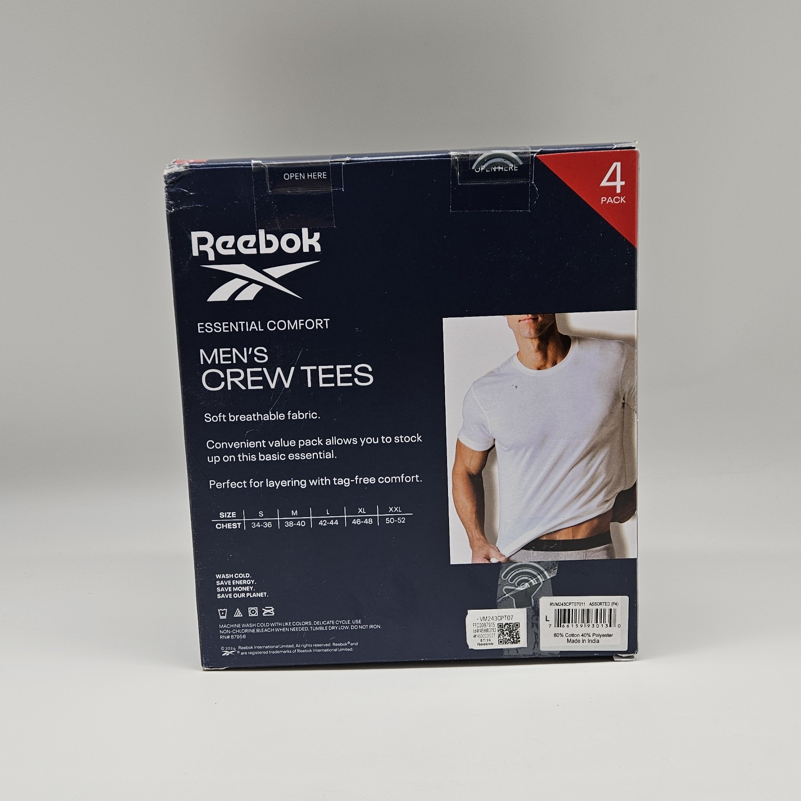 4 Pack REEBOK Comfort Men S M L White Gray Crew Neck Tag-Free Cotton T Shirts