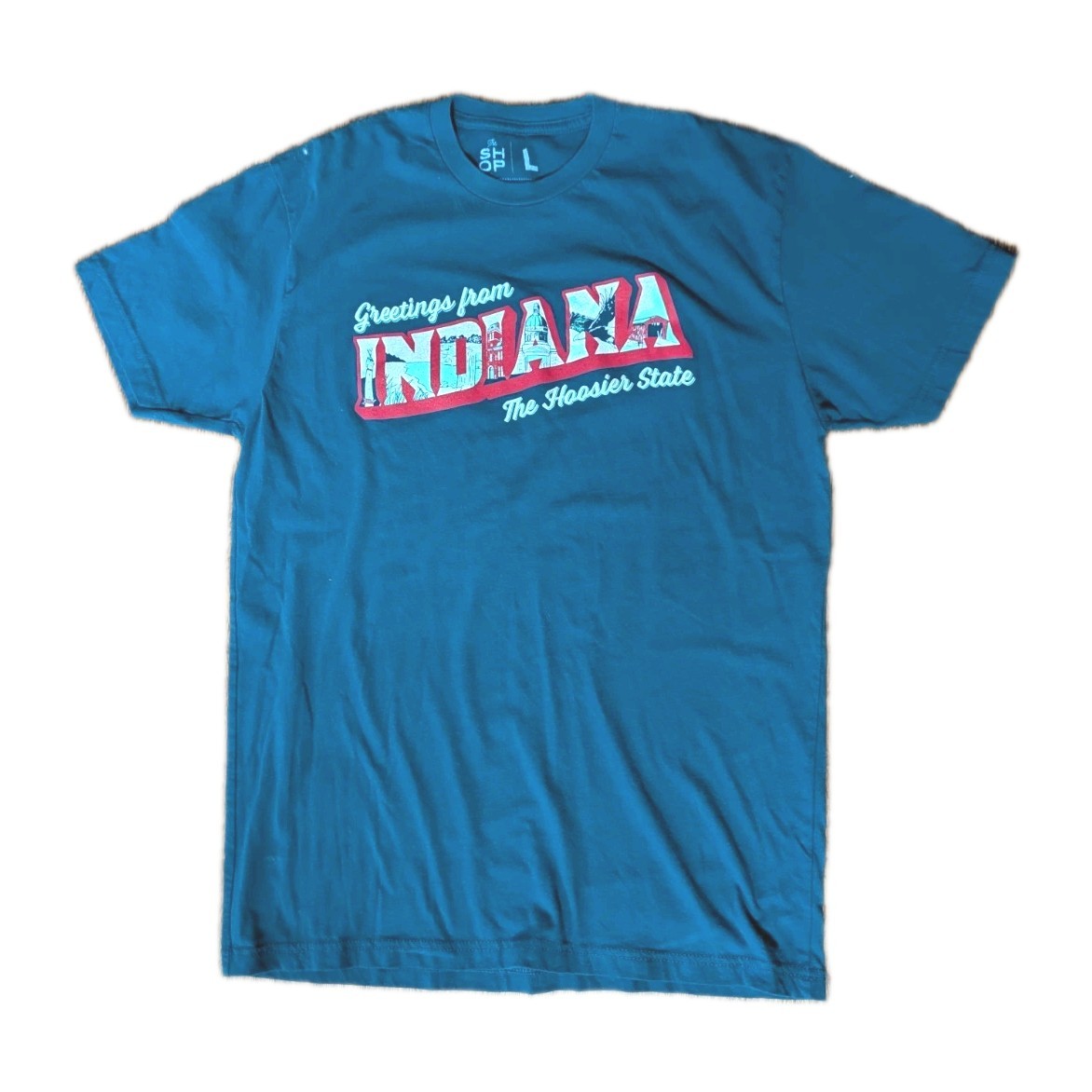 Greetings From Indiana T-Shirt Blue Made in USA Size L