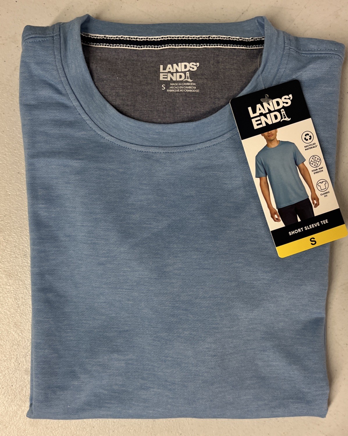 Lands End Mens Classic Fit Stretch Tee Shirt BLUE Crewneck SMALL Short Sleeve