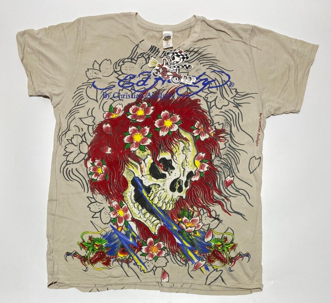 Authentic New Vintage Men&rsquo;s Ed Hardy V-Neck T-shirt Beautiful Ghost Beige L-2XL