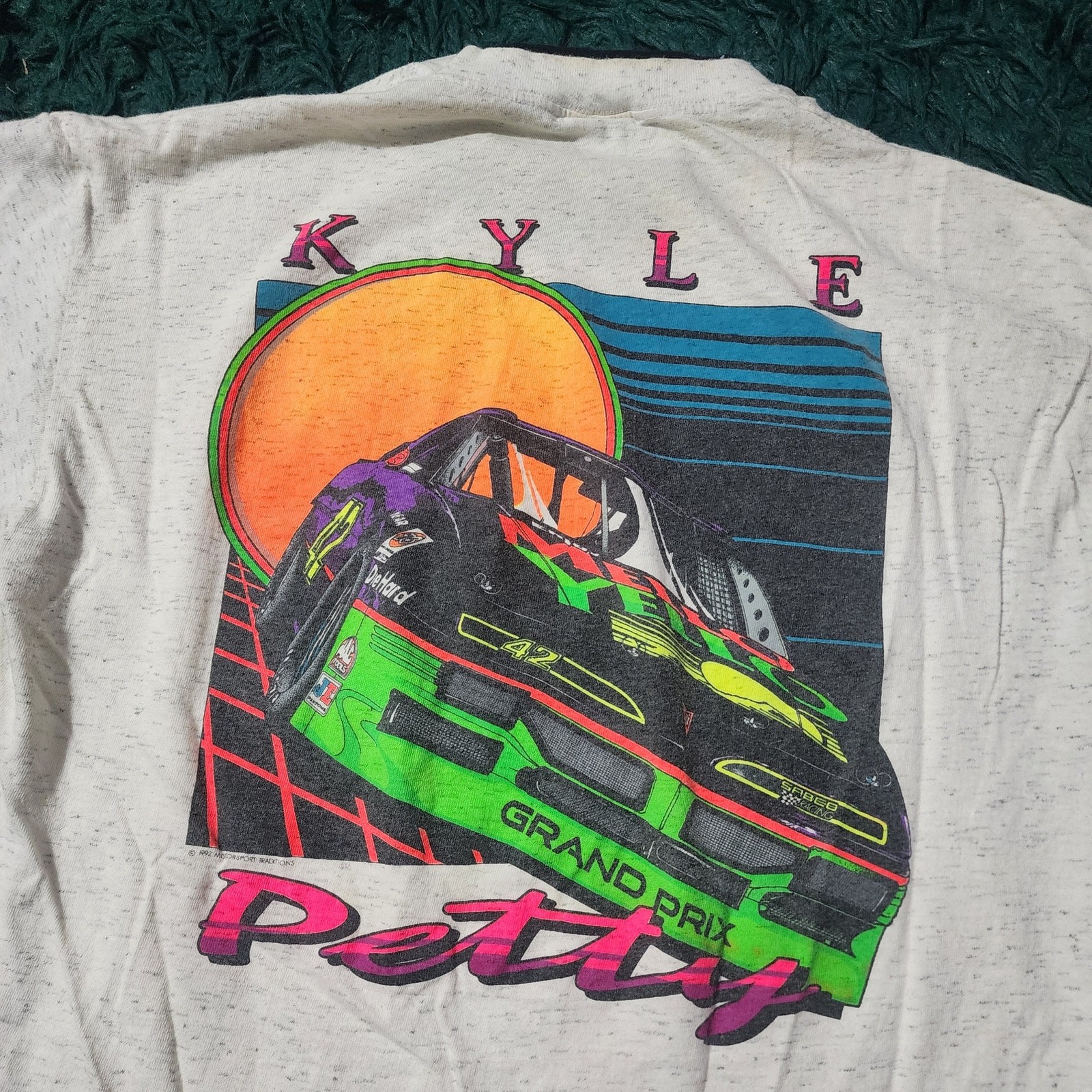 Vintage 1992 Kyle Petty NASCAR Tee Cal Cru L/XL Neon Graphic Racing Shirt