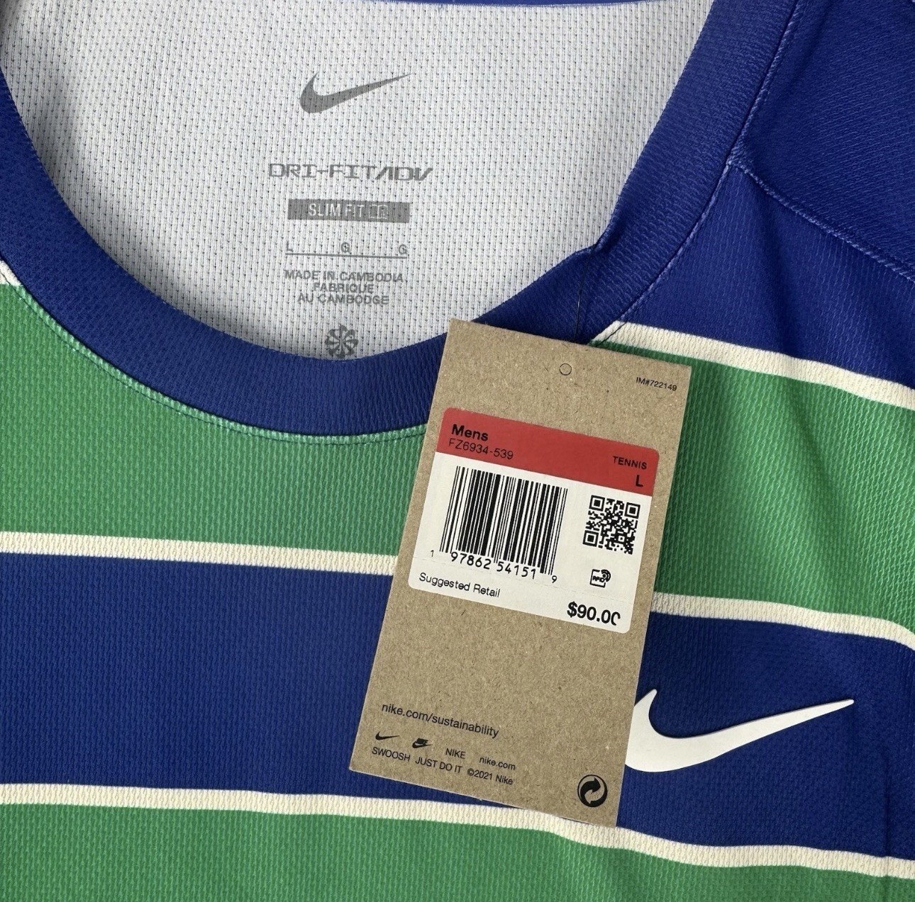 Nike Court Slam Dri-FIT ADV Tennis Top Shirt Blue Green FZ6934-539 Men’s Large L