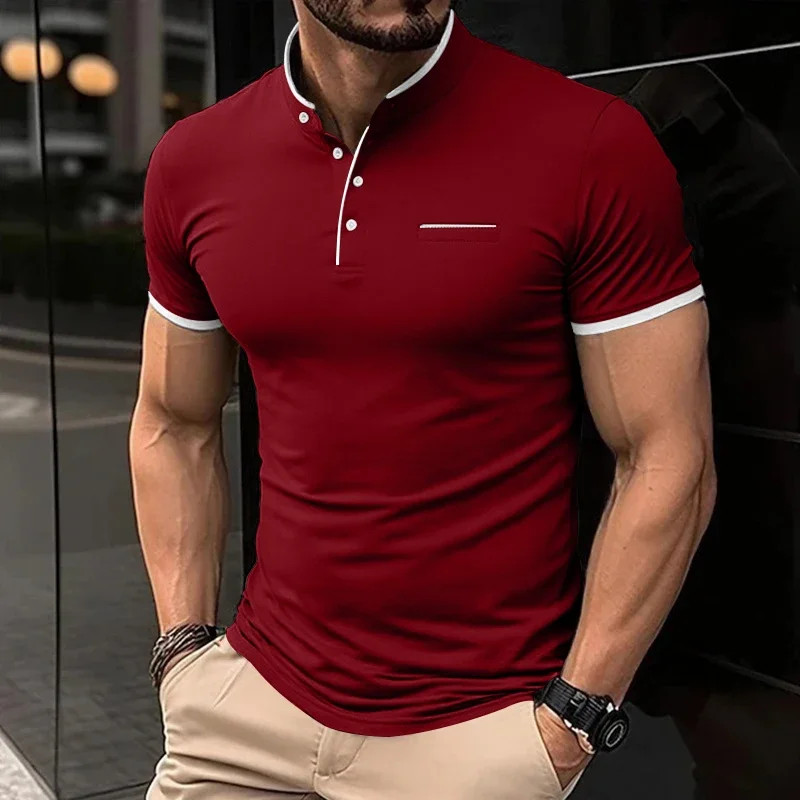 2025 New Men&rsquo;s Casual and Fashionable Solid Color Short Sleeved Stand Up Collar