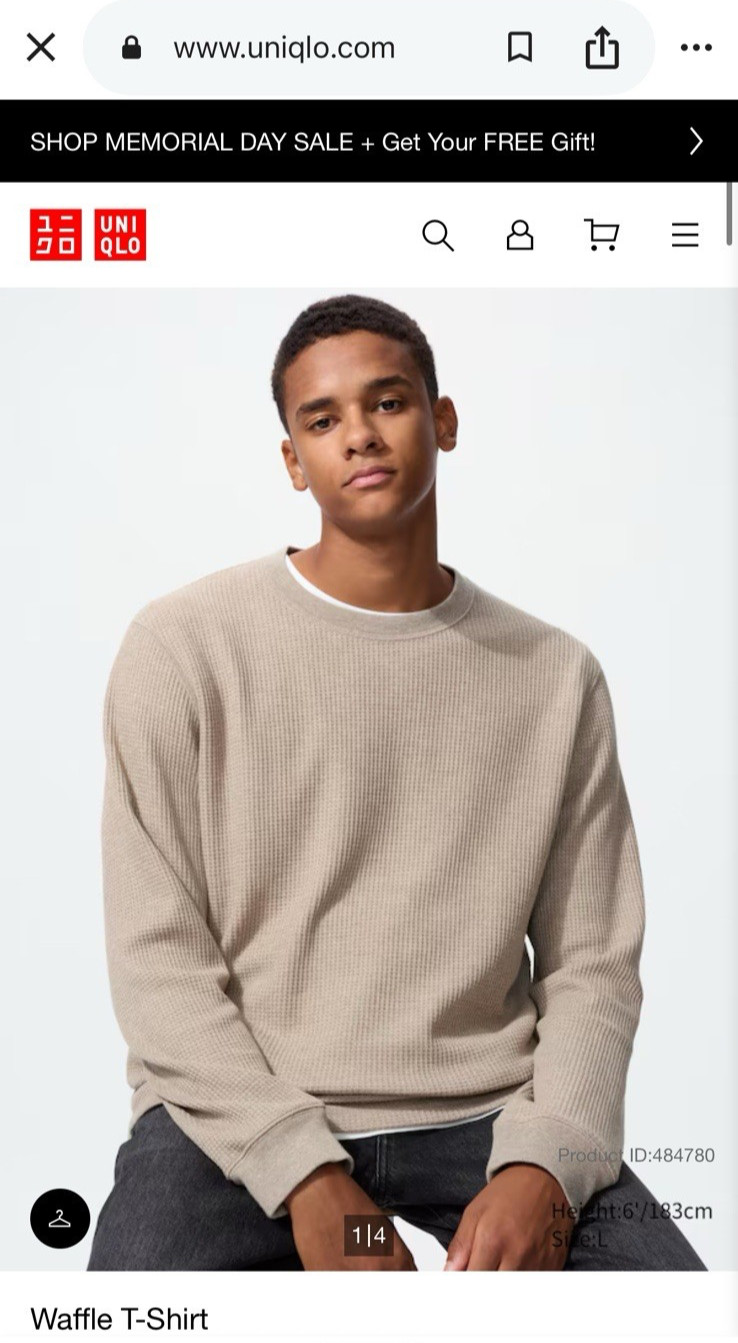 Uniqlo Waffle Knit Shirt Mens XS Beige Crewneck Neutral Long Sleeve Short Hem