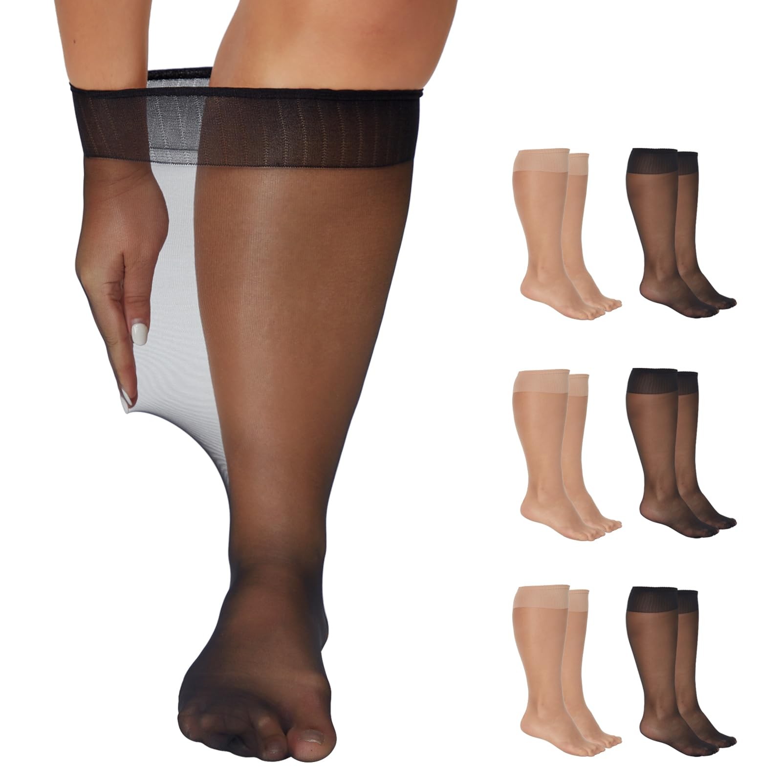 6 Pairs Plus Size Knee High Socks Women Nylon Sheer Trouser Reinforced Toe