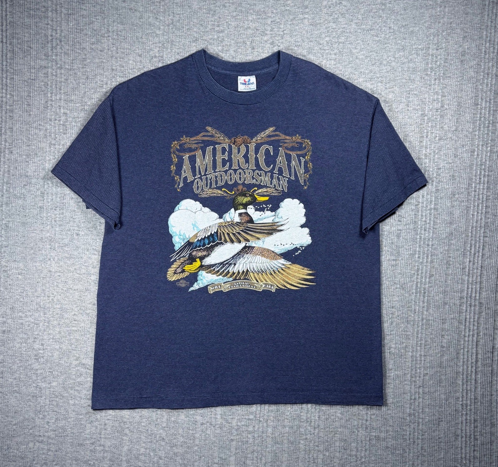 Vintage Tshirt Duck American Outdoorsman Mens XXL Single Stitch Blue Striped 90s