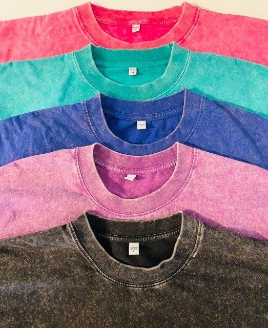 Unisex Acid Wash Faded Heavyweight O-neck Tshirt Pink Purple Blue Green