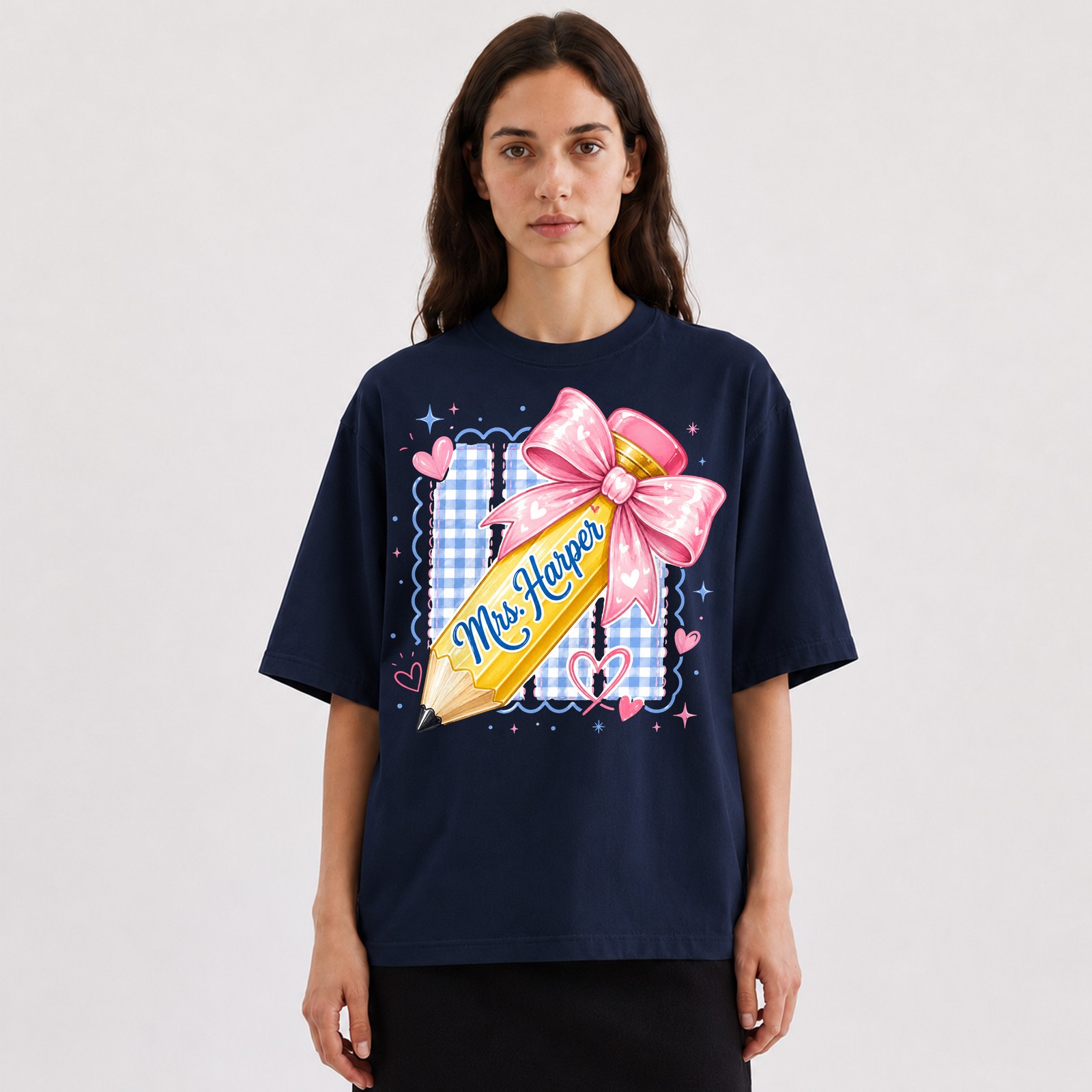 Personalized Pencil Bow Gingham T-Shirt Personalized Teacher Pencil Tee