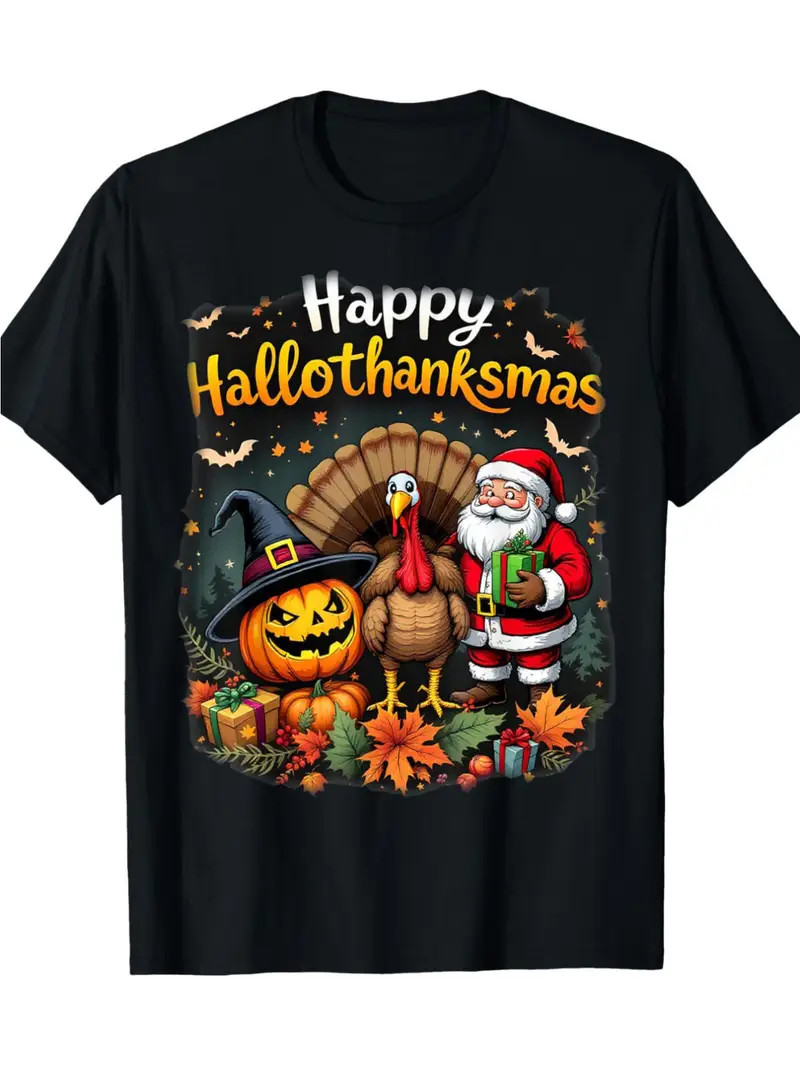 Men&rsquo;s Halloween Thanksgiving Christmas Triple Holiday T-Shirt – Black Happy HALL