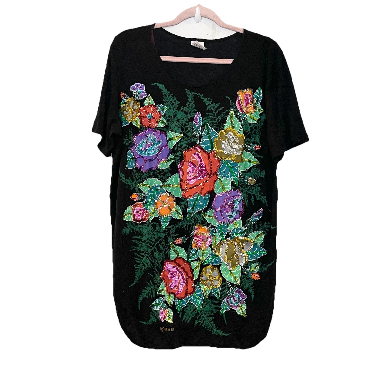 90s 80 Vintage Floral Graphic T Shirt Single Stitch Sequin Hand Made In Bali M