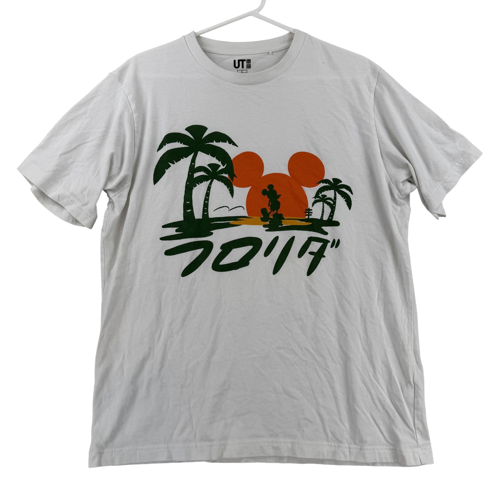 Uniqlo UT Shirt Mens Large White Mickey Florida Palm Trees Graphic Japanese Tee