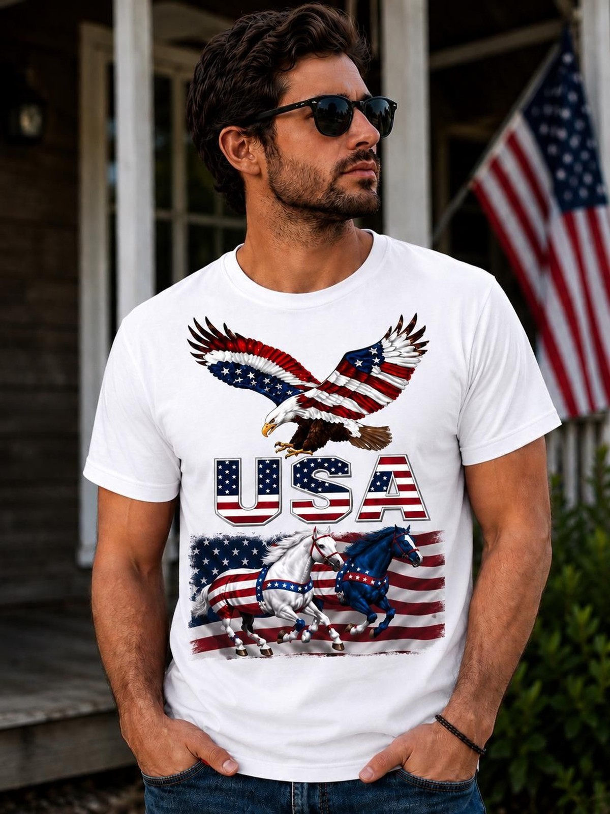 Patriotic USA Eagle T-Shirt, American Flag Bald Eagle Tee, July 4th Memorial Day