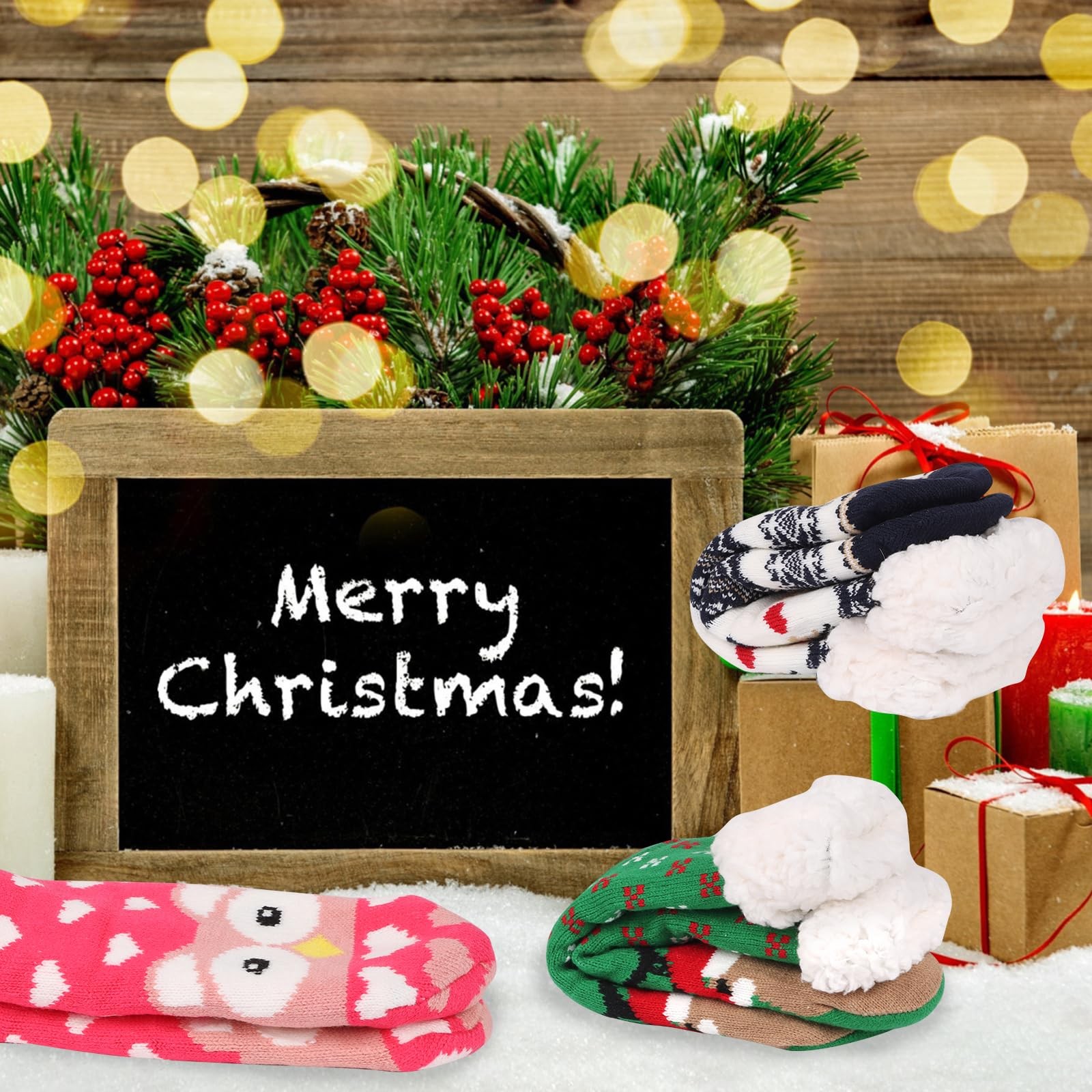 3 Pairs Christmas Fuzzy Slipper Socks Holiday Men Women Winter Fleece Lining