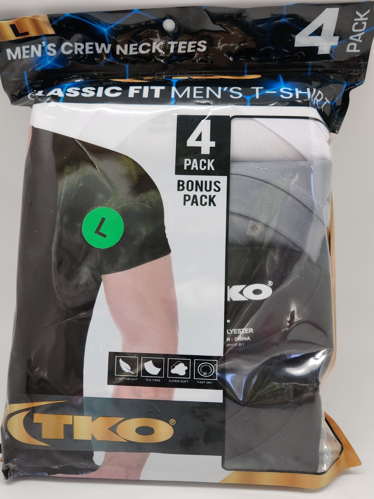 TKO 4 Pack 100% Polyester Crew Neck Classic T Shirt White/Gray/Black Men M L XL