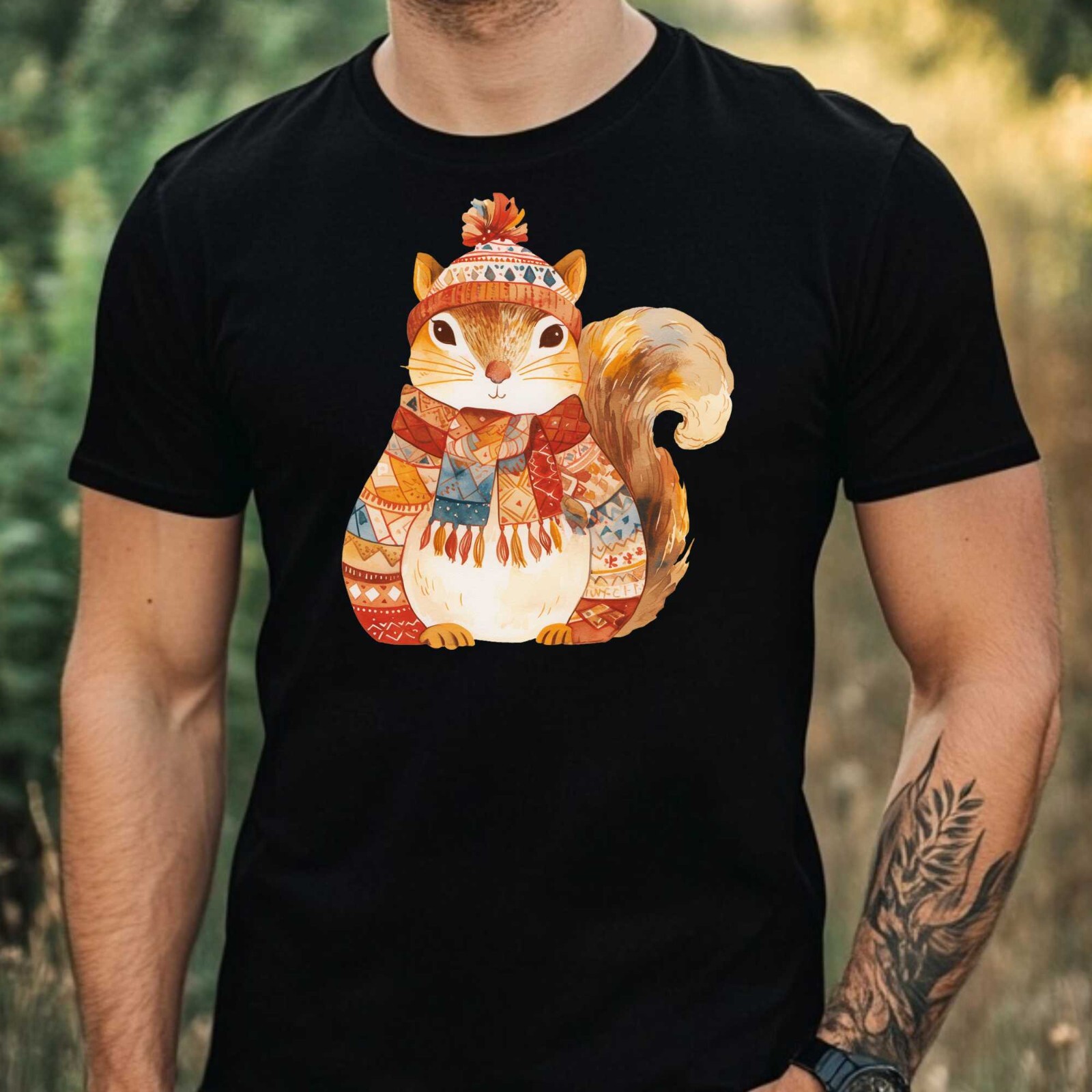 Mens Boho Watercolour Squirrel Print Cotton T-Shirt Size XS to 5XL