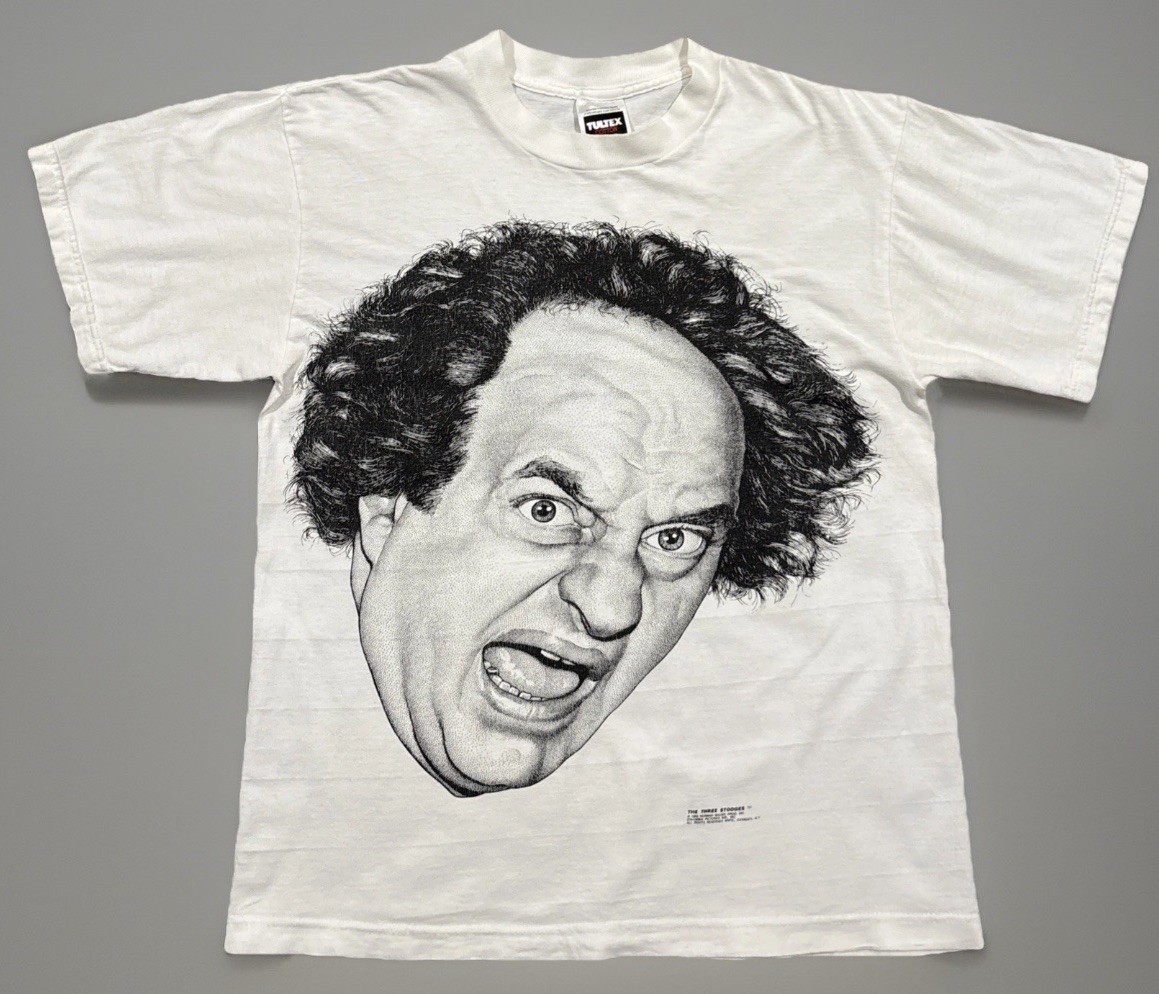 Vintage Three Stooges T-Shirt White Graphic Print Big Head Larry Large Tultex L