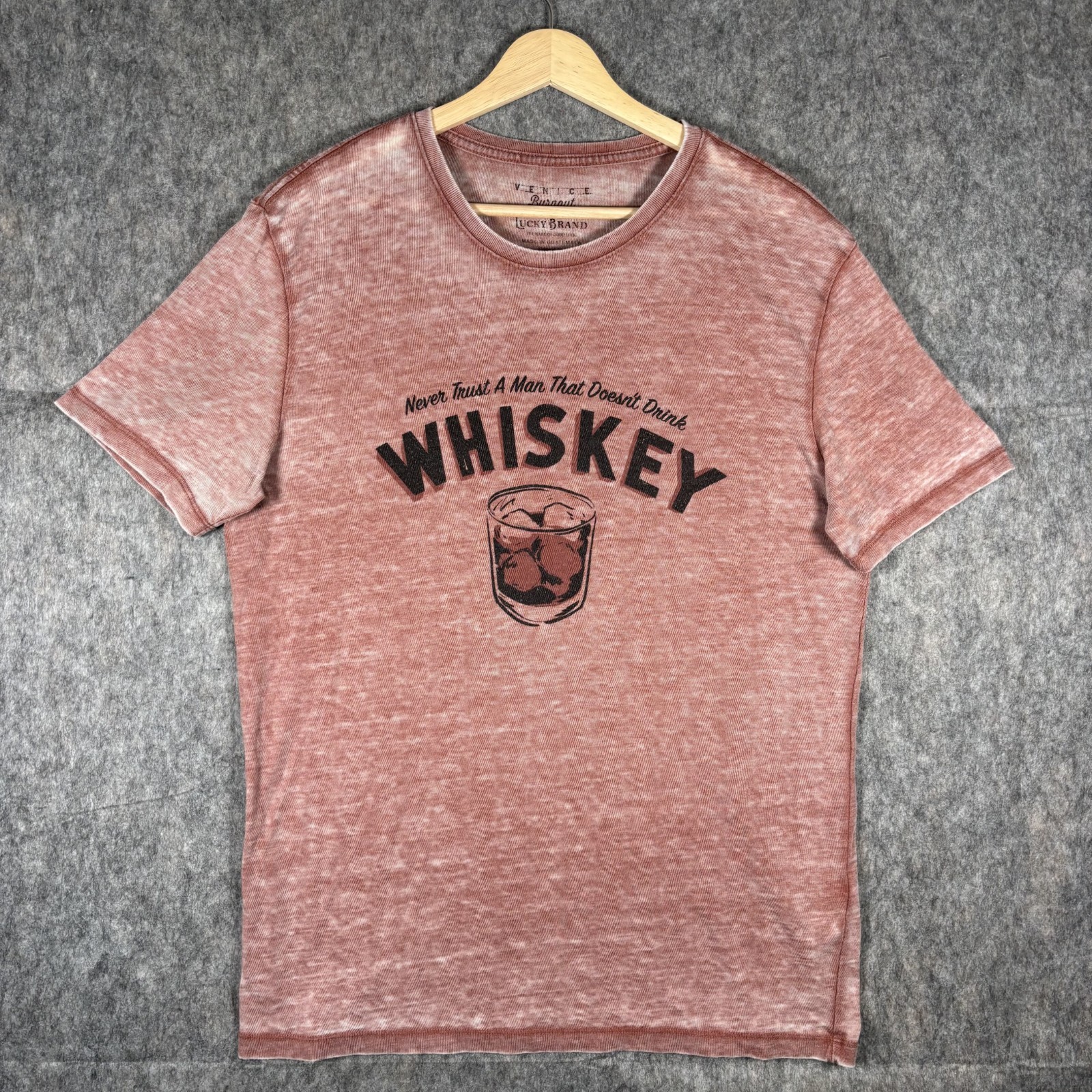 Lucky Brand Venice Burnout T-Shirt Men&rsquo;s Medium Short Sleeve Red Whiskey Alcohol
