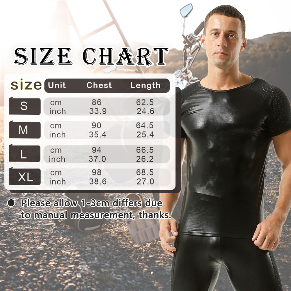 Men Elastic Oil Shiny Faux Leather Tops Fitness Short Sleeve T-shirts Stage Tees