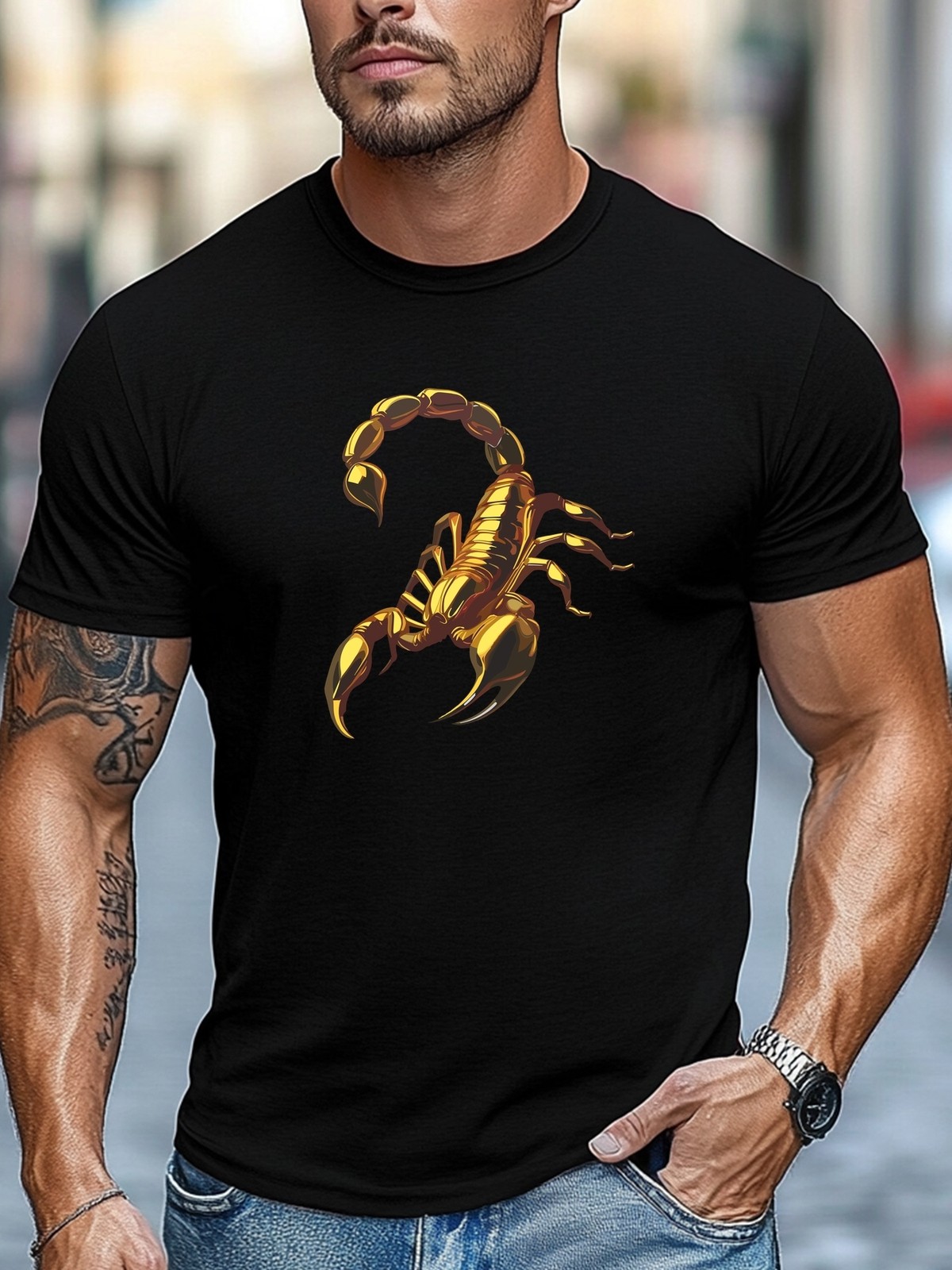 Men&rsquo;S Golden Scorpion Pattern Summer Casual Round Neck Short Sleeve T-Shirt, P