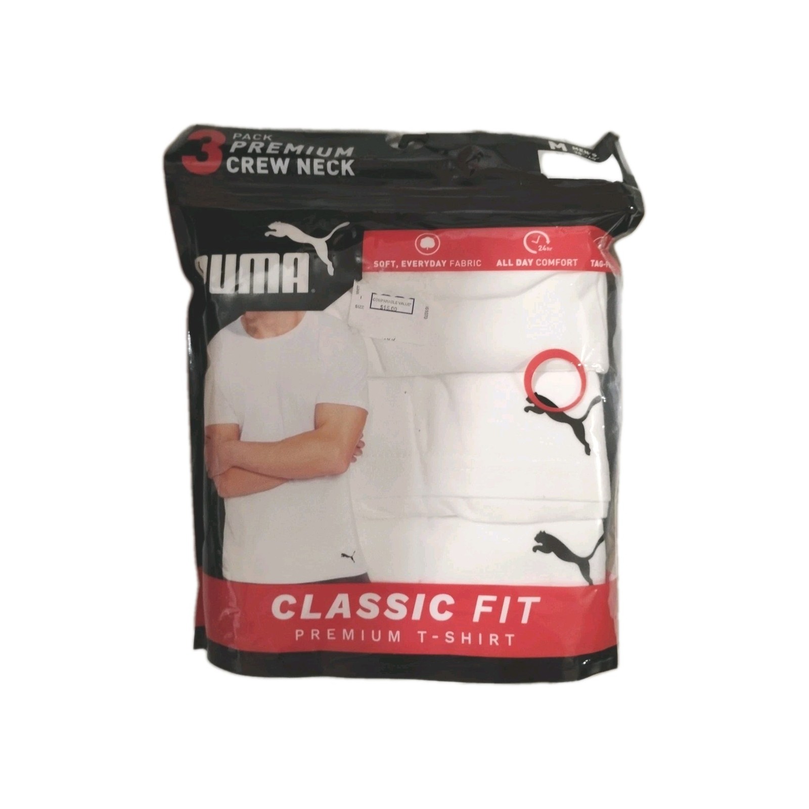 PUMA 3 pk Premium Crew Neck White T-Shirt Tag-Free All Day Comfort Brand New