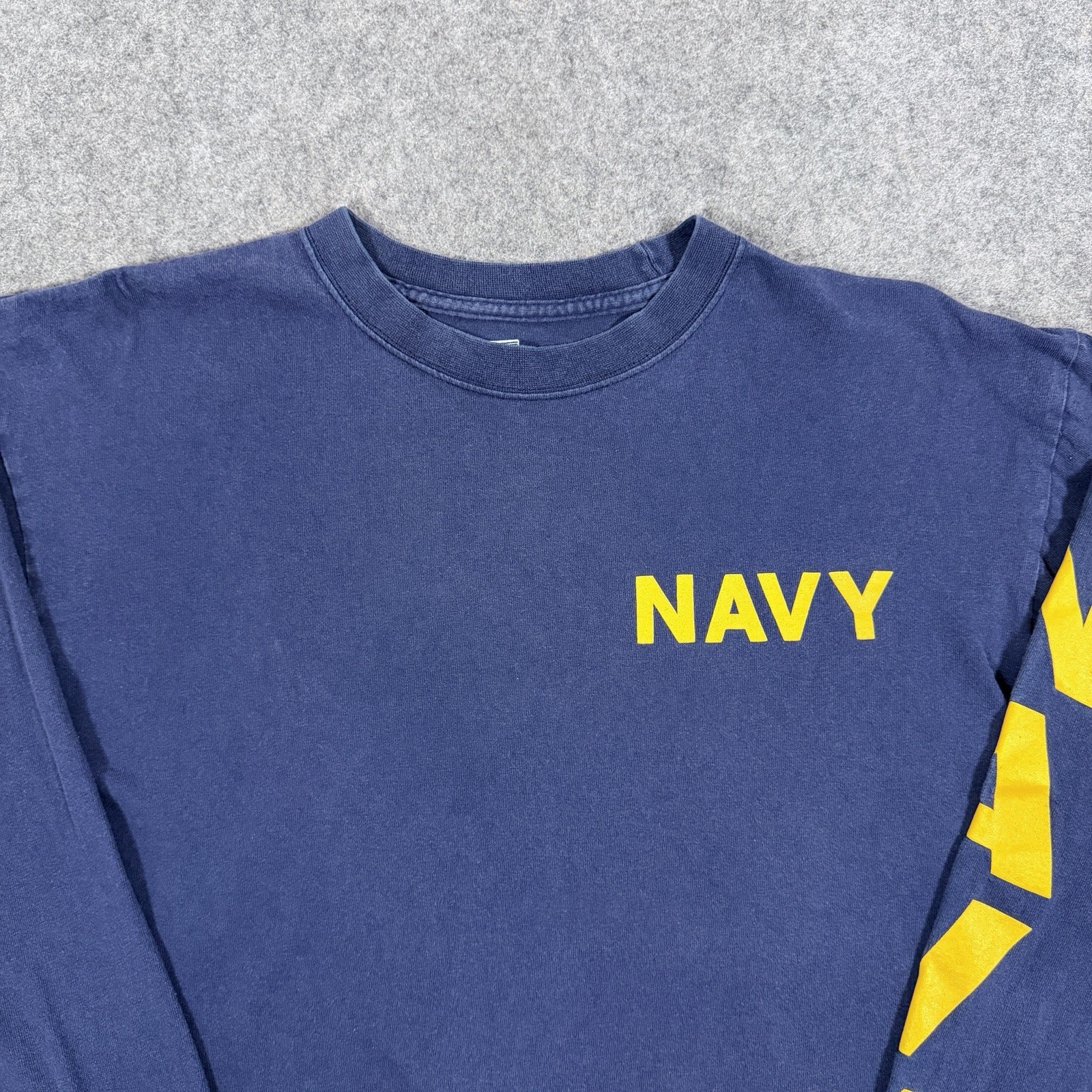 Soffe Vintage Navy Logo Long Sleeve T-Shirt Fits Men&rsquo;s Size Large Blue Yellow