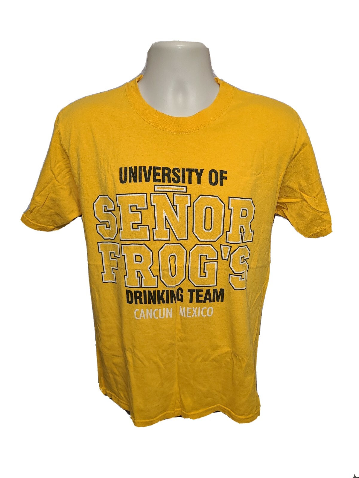 University of Senor Frogs Drinking Team Cancun Mexico Adult Medium Yellow TShirt