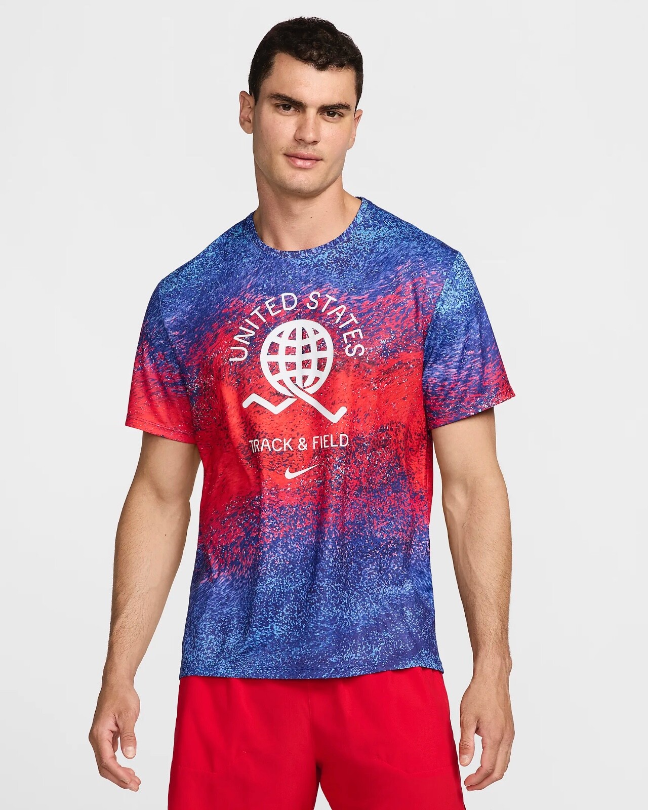 Men Nike USA Miler DRI-FIT Short Sleeve Running Shirt Red White Blue FJ3411 635
