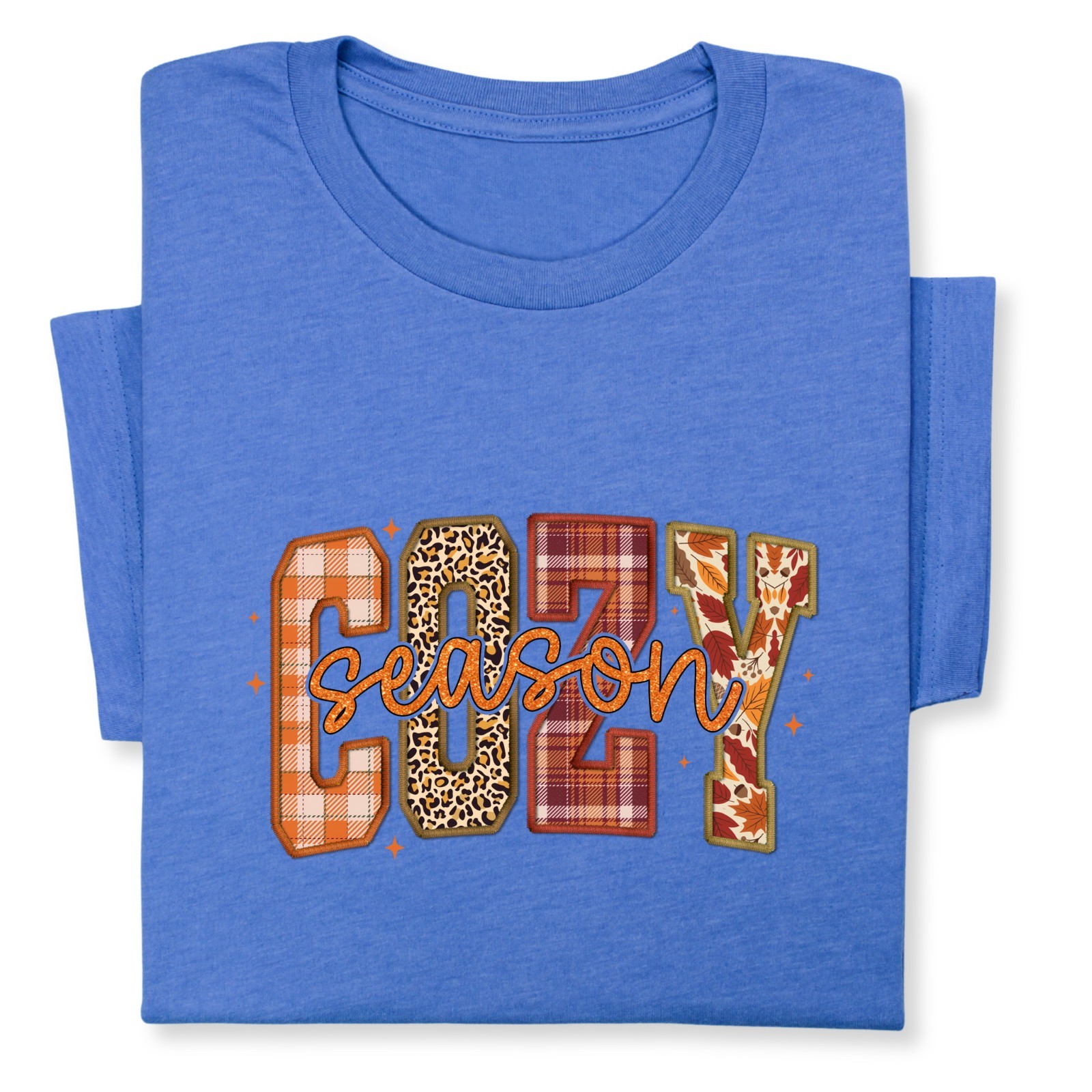 Cozy Season Fall T-Shirt – Autumn Plaid & Leopard Patchwork Tee