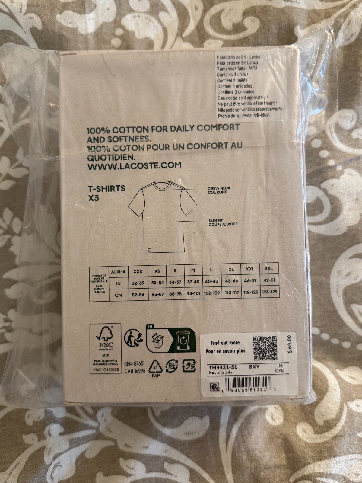 Lacoste Men&rsquo;s 3-Pack 100% Cotton Slim Fit Crew Undershirts M White Grey Black