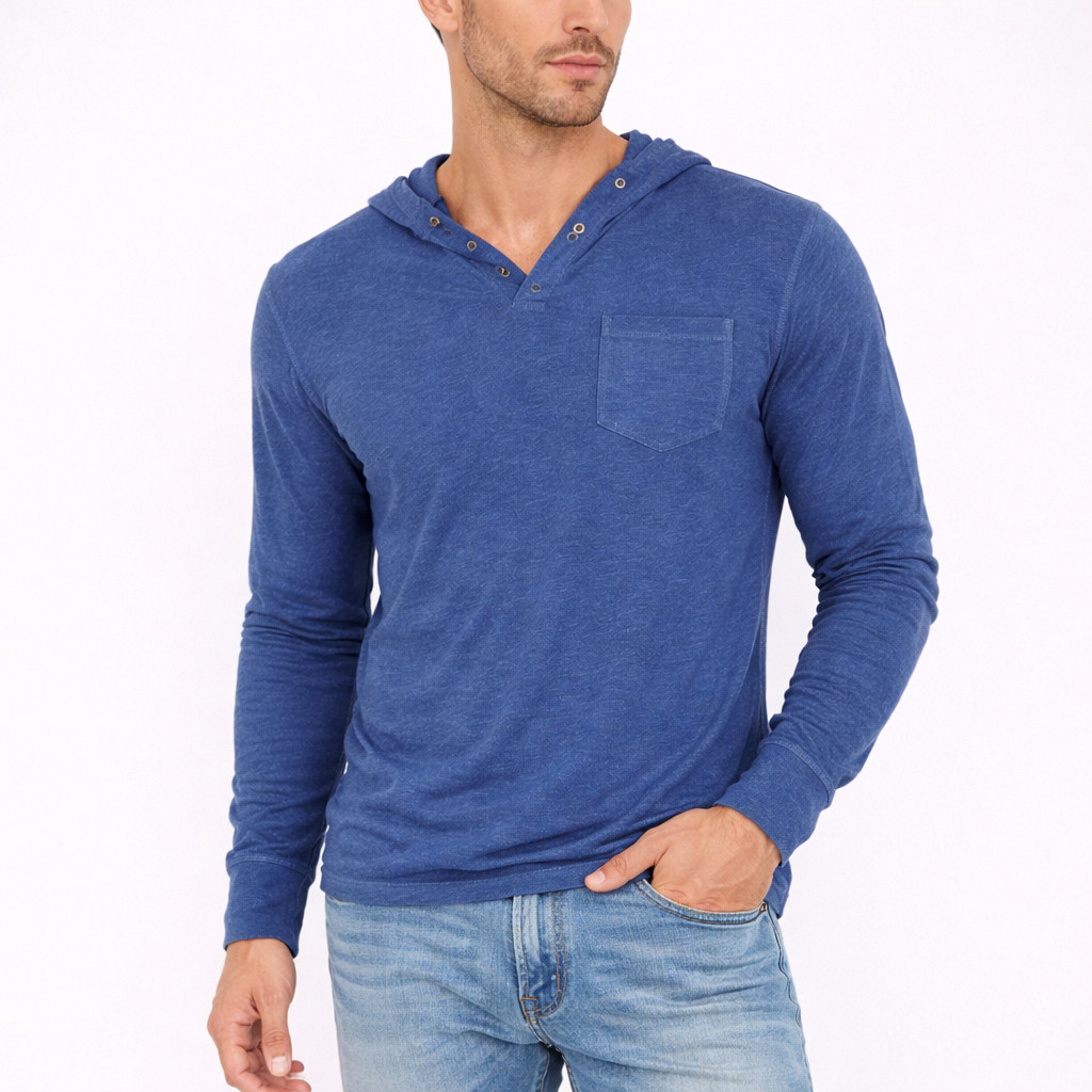 GUESS Blue Heathered 1/4 Button V-Neck Hooded Henley Sz M Casual Travel