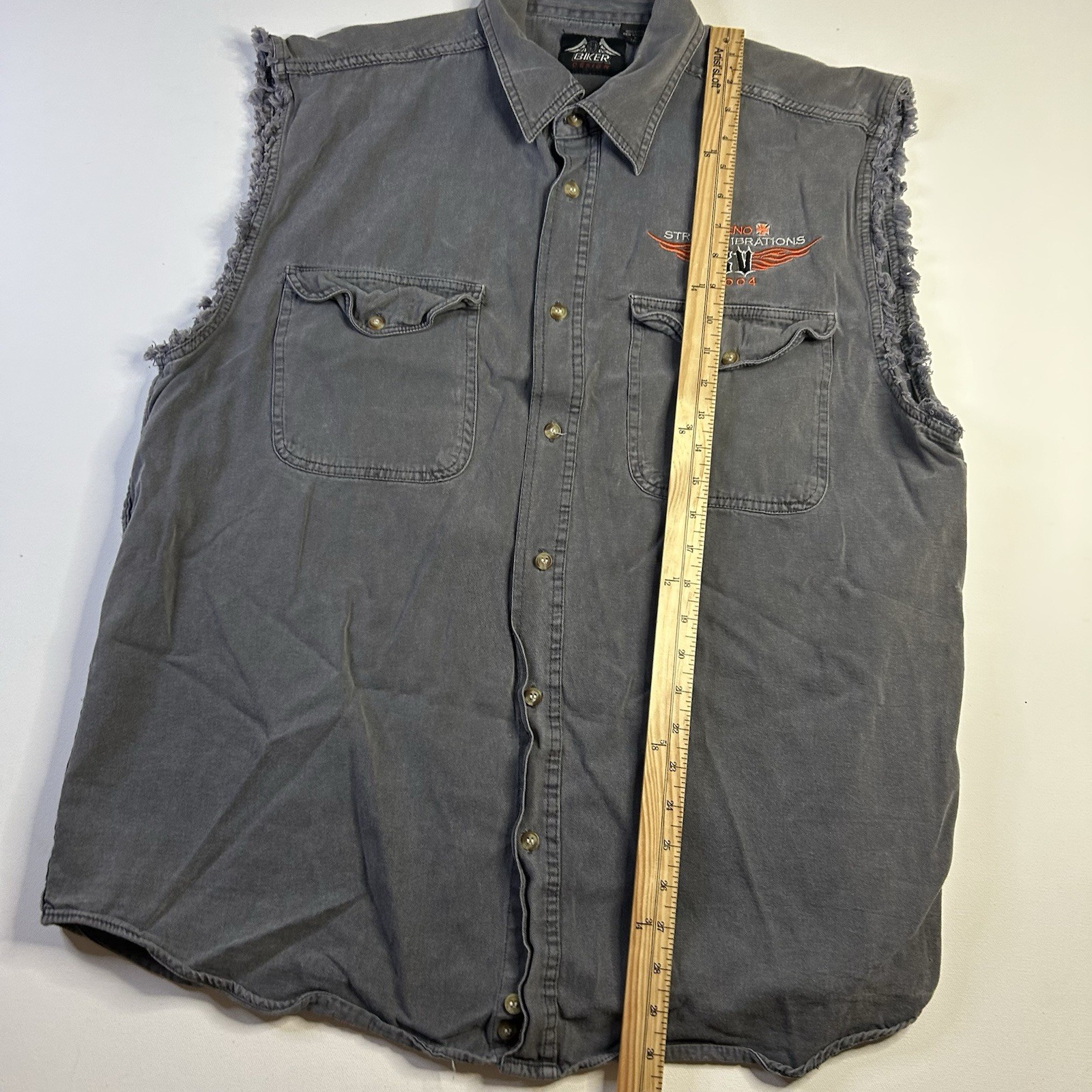 Vtg Y2k Reno Bike Rally 2004 Factory Cut/Sleveless Denim Button Shirt XL