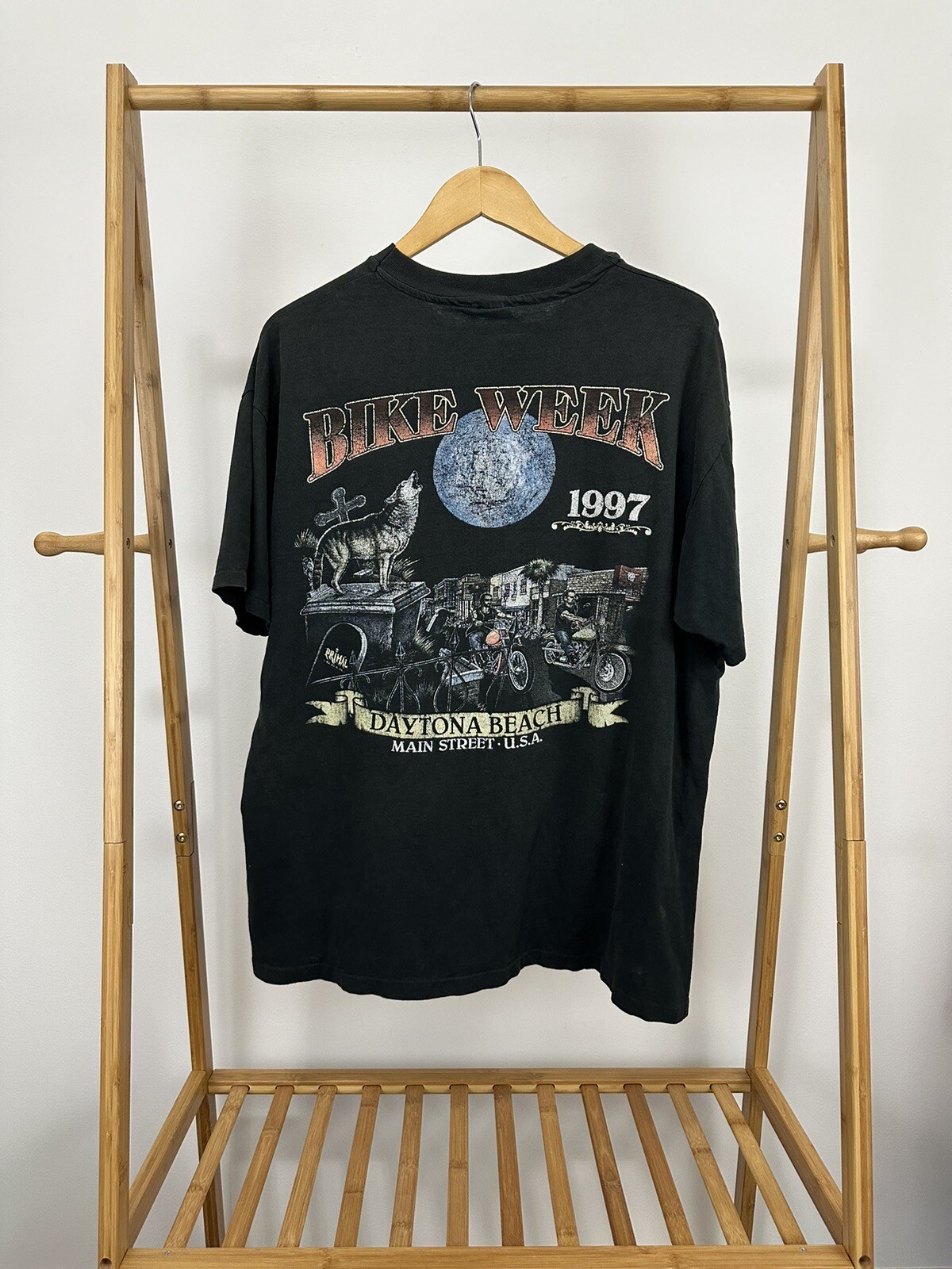 VTG 90s Bike Week Daytona Beach Wolf Moon Biker Motorcycle Faded Worn T-Shirt XL