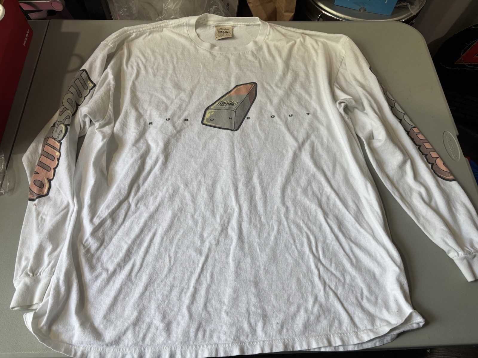 Vtg Mossimo XL White Eraser “rub One Out” LS T Shirt Y2K
