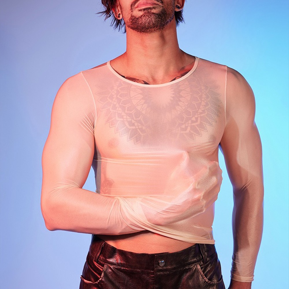 Sexy Lingerie Men&rsquo;s Oil Shiny Long Sleeve Sheer Tights O Neck Top Shirt