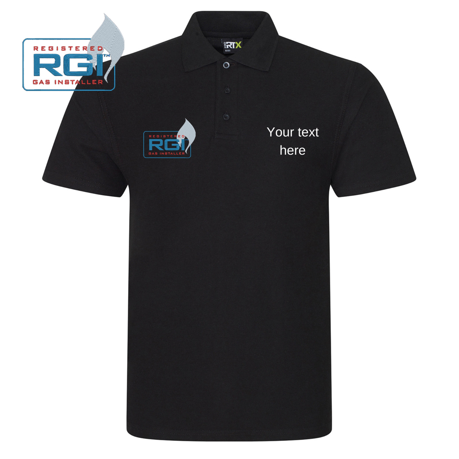 RGI Gas Safe polo plumber boiler fitter work wear, embroidered polo shirt